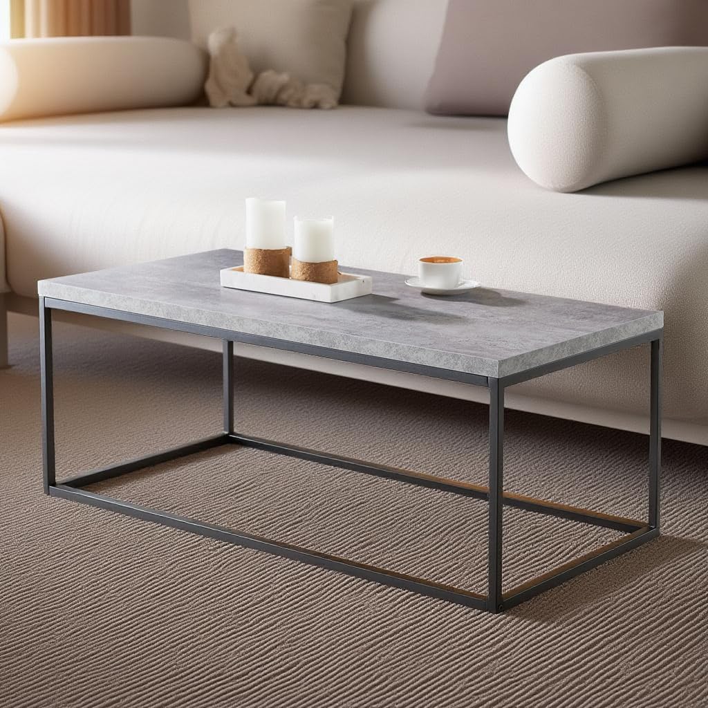 CENSI 40-Inch Modern Industrial Concrete Coffee Table - Rectangle Grey Marble Top with Wood & Metal Base - Extra Thick Durable Design for Living Room, Lounge & Office