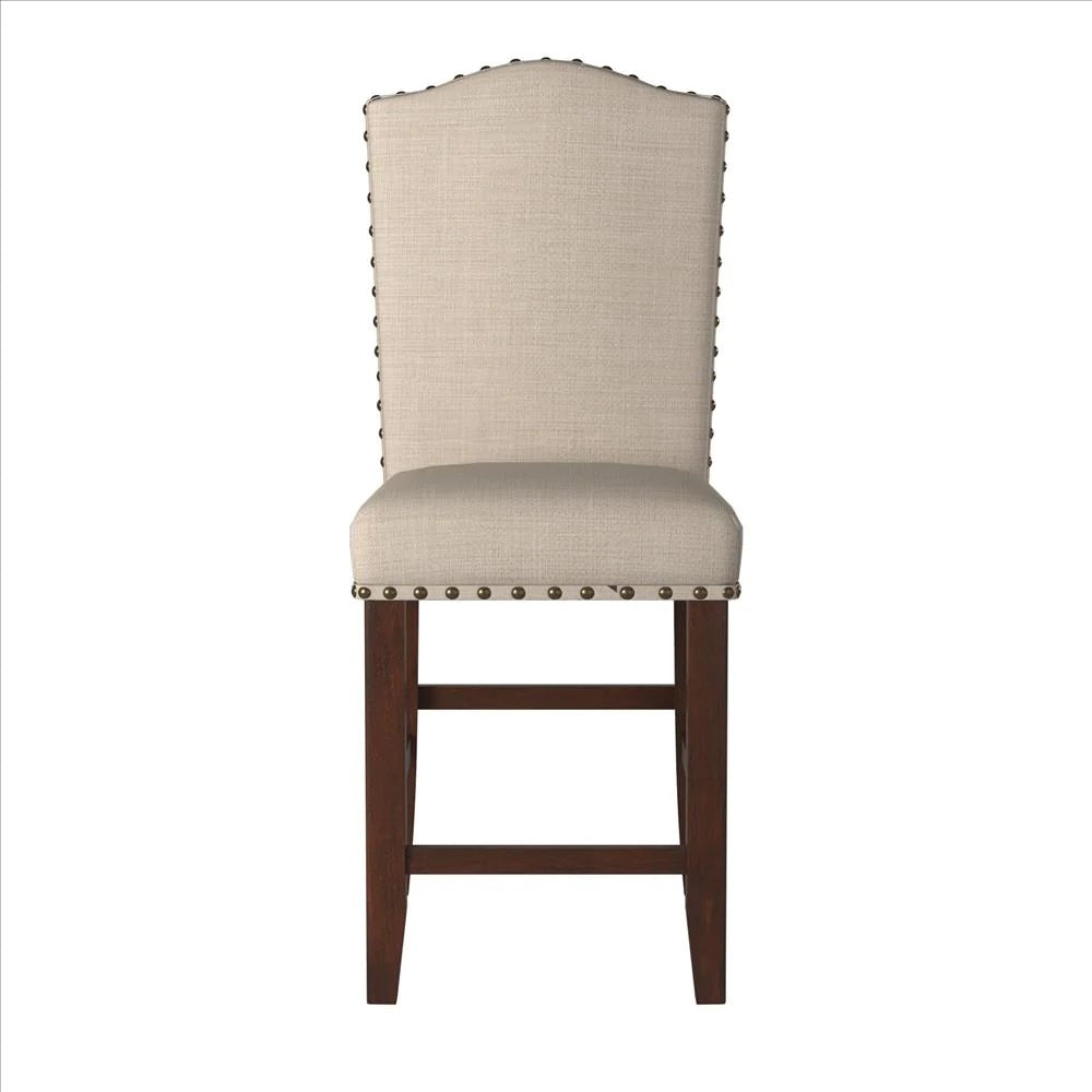 Classic Cream Upholstered Cushion Dining Chairs Set of 2 - Counter Height with Nailhead Trim & Solid Wood Legs - Perfect for Kitchen Island, Breakfast Nook & Small Dining Spaces