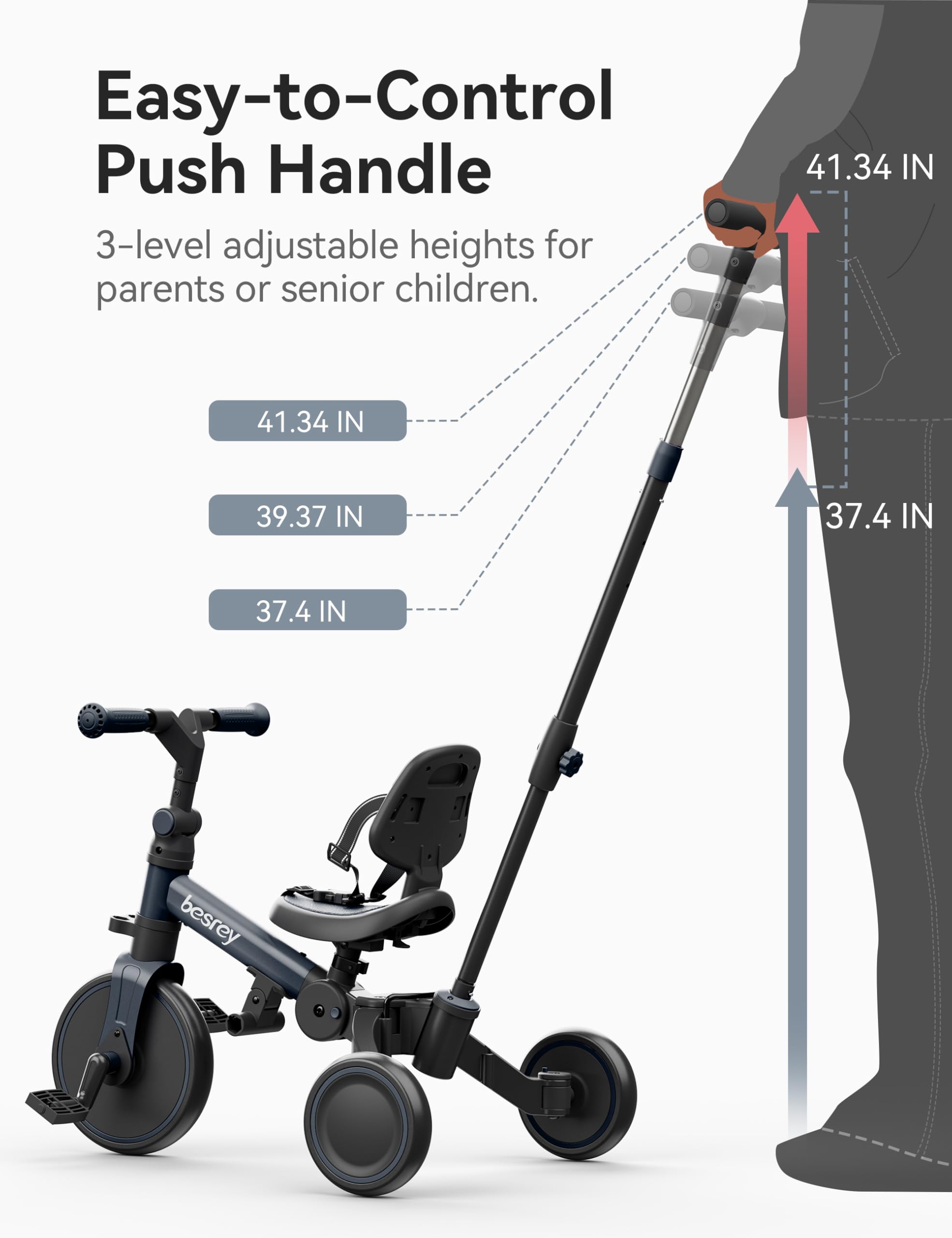 Besrey 5-in-1 Toddler Bike & Tricycle for 1-3 Year Olds - Adjustable Push Handle, Safety Belt & Backrest - Balance Bike & First Bike for Boys & Girls - Perfect Birthday Gift & Outdoor Play Toy for Toddlers