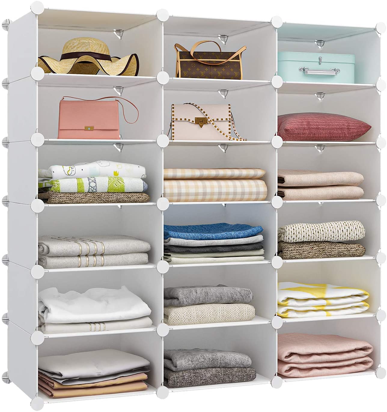 Aeitc 6-Shelf Stackable Closet Organizer - Adjustable Space Saving Storage Shelf for Clothes, Shoes & Accessories - White (18 Sections) - Perfect for Bedroom, Walk-in Closet & Small Space Organization