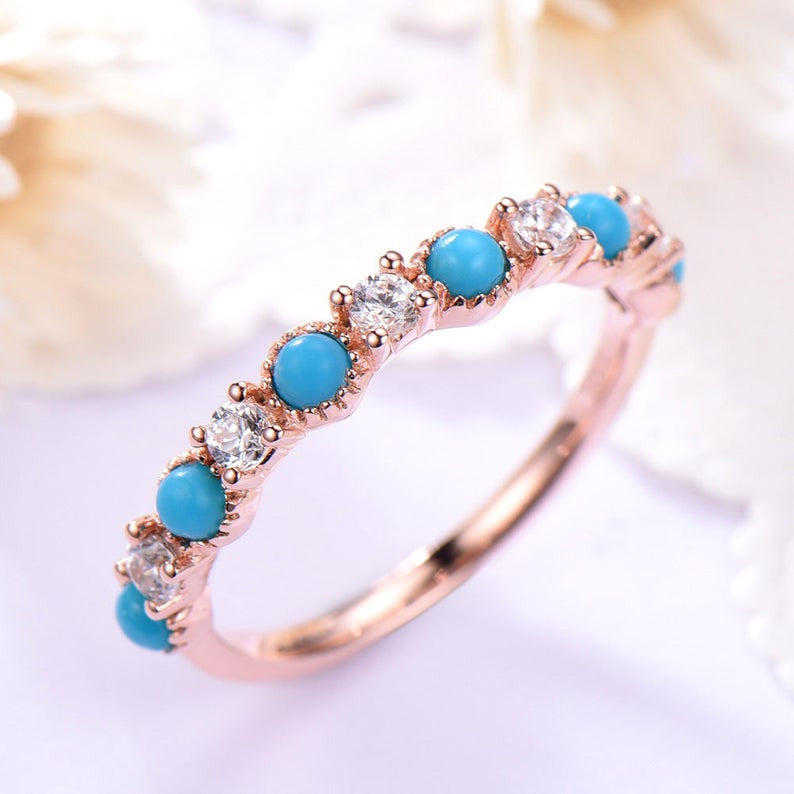 14K & 18K Gold Turquoise Diamond Wedding Band - Round Cut Engagement Ring for Women in White/Rose/Yellow Gold | Bridal, Anniversary & Promise Gift for Her | Perfect for Proposals, Weddings & Special Occasions