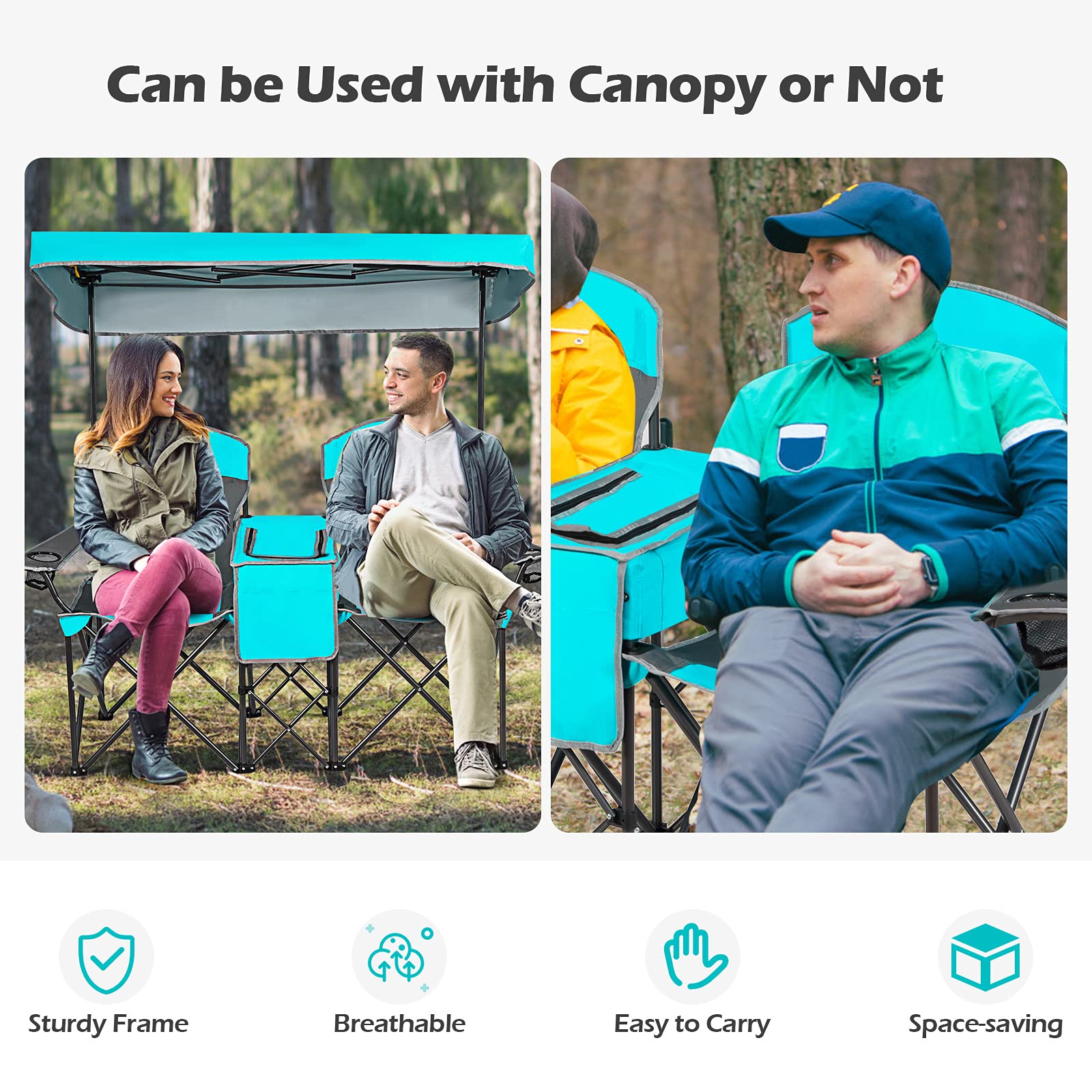Goplus Double Beach Chair with Canopy Shade - Folding Lawn & Camping Chair with Sunshade, Mini Table, Beverage Holder & Carrying Bag - Perfect for Outdoor Travel, Hiking, Fishing, Poolside & Backyard Relaxation (Lake Blue)