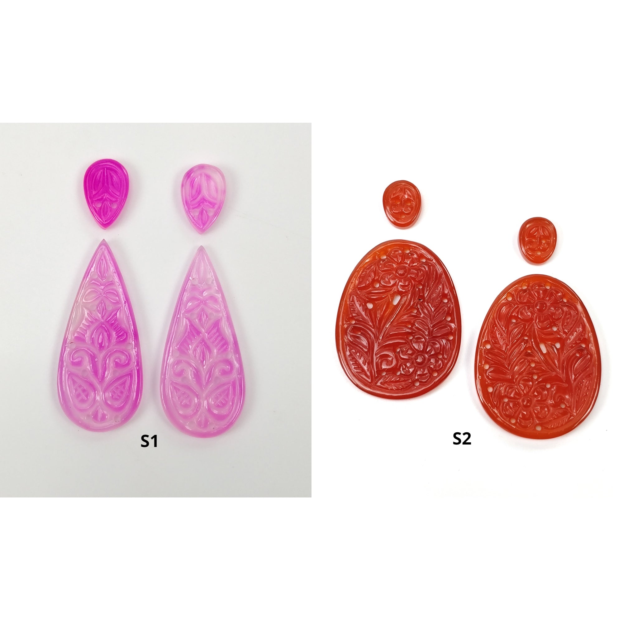 Natural Pink & Orange Onyx Gemstone Carving Set - Hand Carved Pear & Egg Shapes (4pcs) - Enhanced Color Onyx for Home Decor, Crystal Healing & Gift Giving