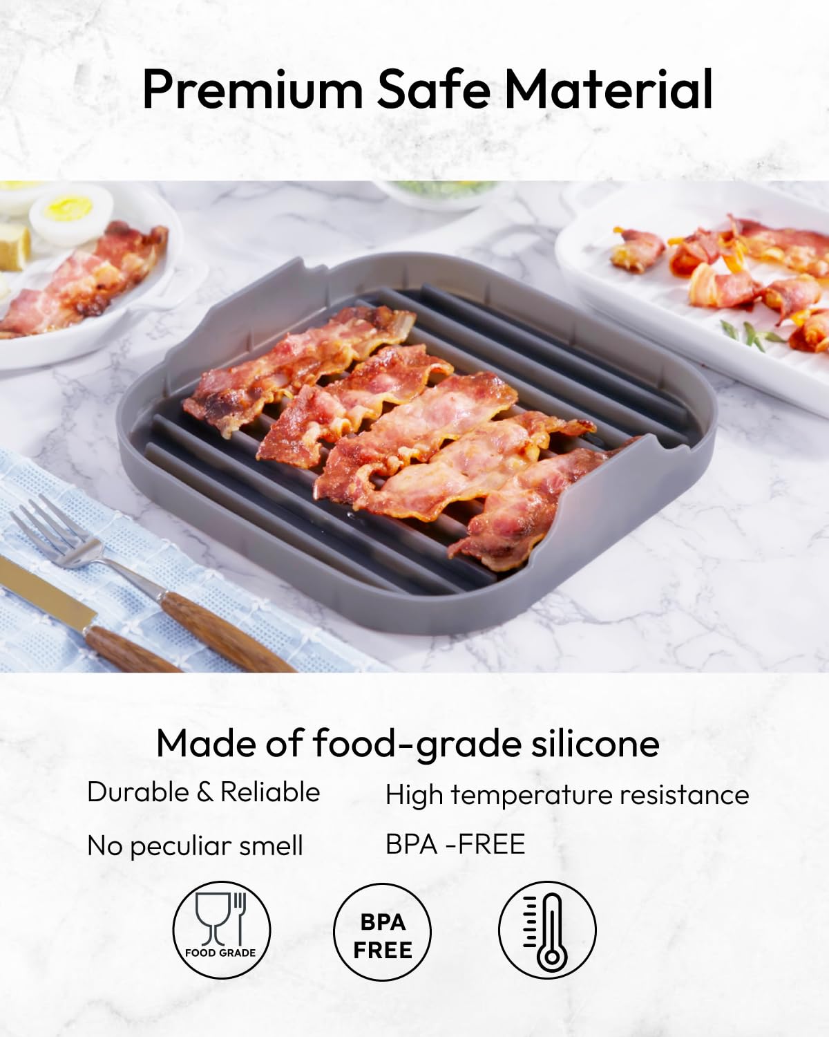 JILLMO Large Silicone Bacon Cooker Tray for Microwave Oven - Grey | Perfect for Quick & Easy Breakfast, Camping & Keto Diet Meals