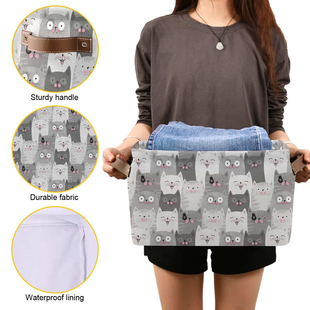 Funny Cat Fabric Storage Basket - Foldable Laundry Bin & Organizer for Baby Clothes, Dog Toys, Books (16×12×8 Inches) | Perfect for Nursery, Pet Room & Closet Organization