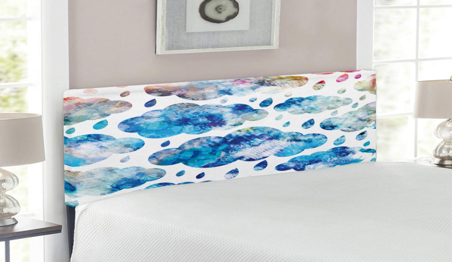 Ambesonne Modern Upholstered Headboard - Colorful Clouds & Raindrops Weather Design, Memory Foam Decorative Metal Bed Frame for Queen Size Bed (Blue, Pink, Orange) - Perfect for Bedroom Decor, Guest Rooms & Cozy Home Styling