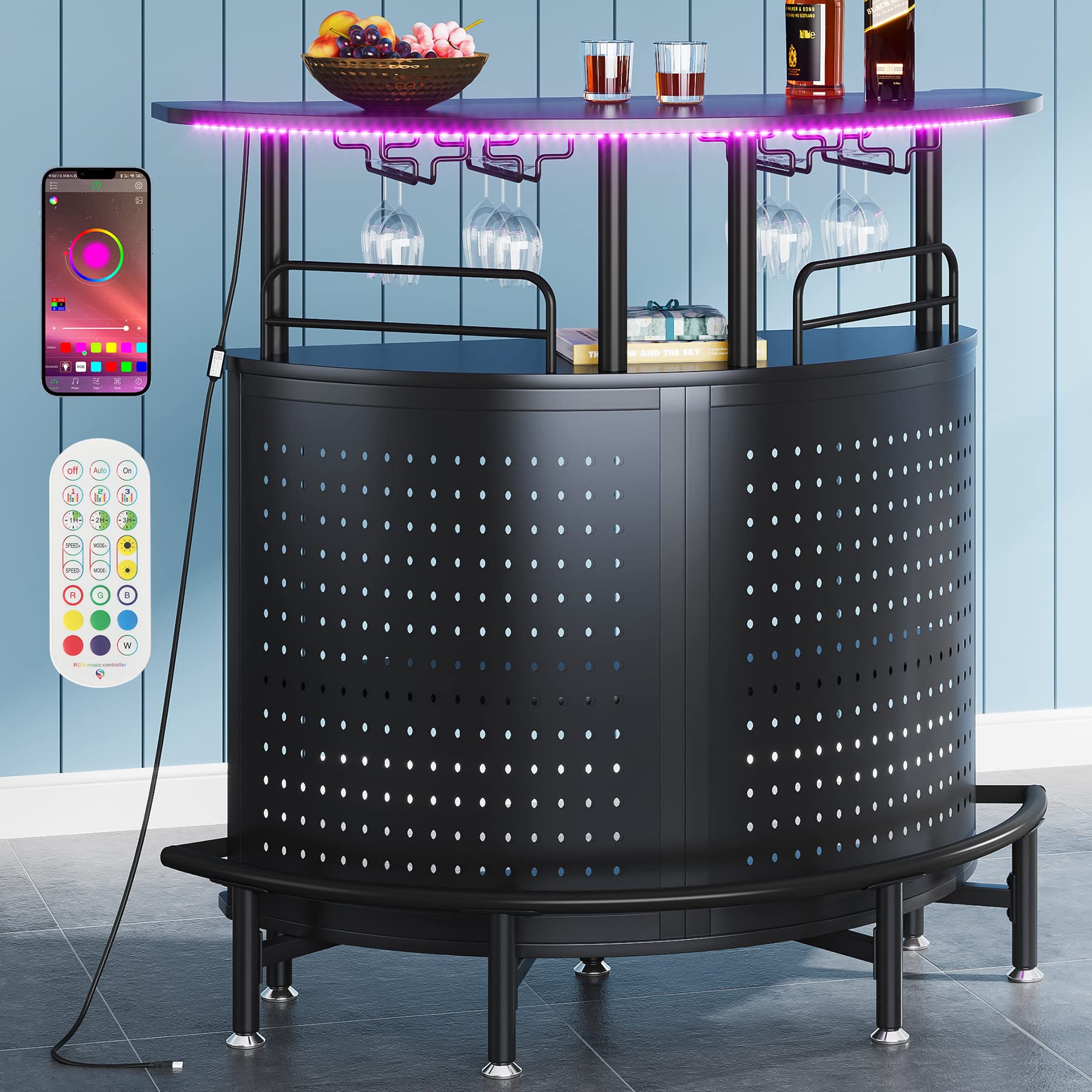 Tribesigns 3-Tier LED Home Bar Cabinet with Stemware Racks & Wine Storage - Modern Black Alcohol Bar Counter for Kitchen, Living Room, or Pub - Perfect for Entertaining, Wine Display & Cocktail Making