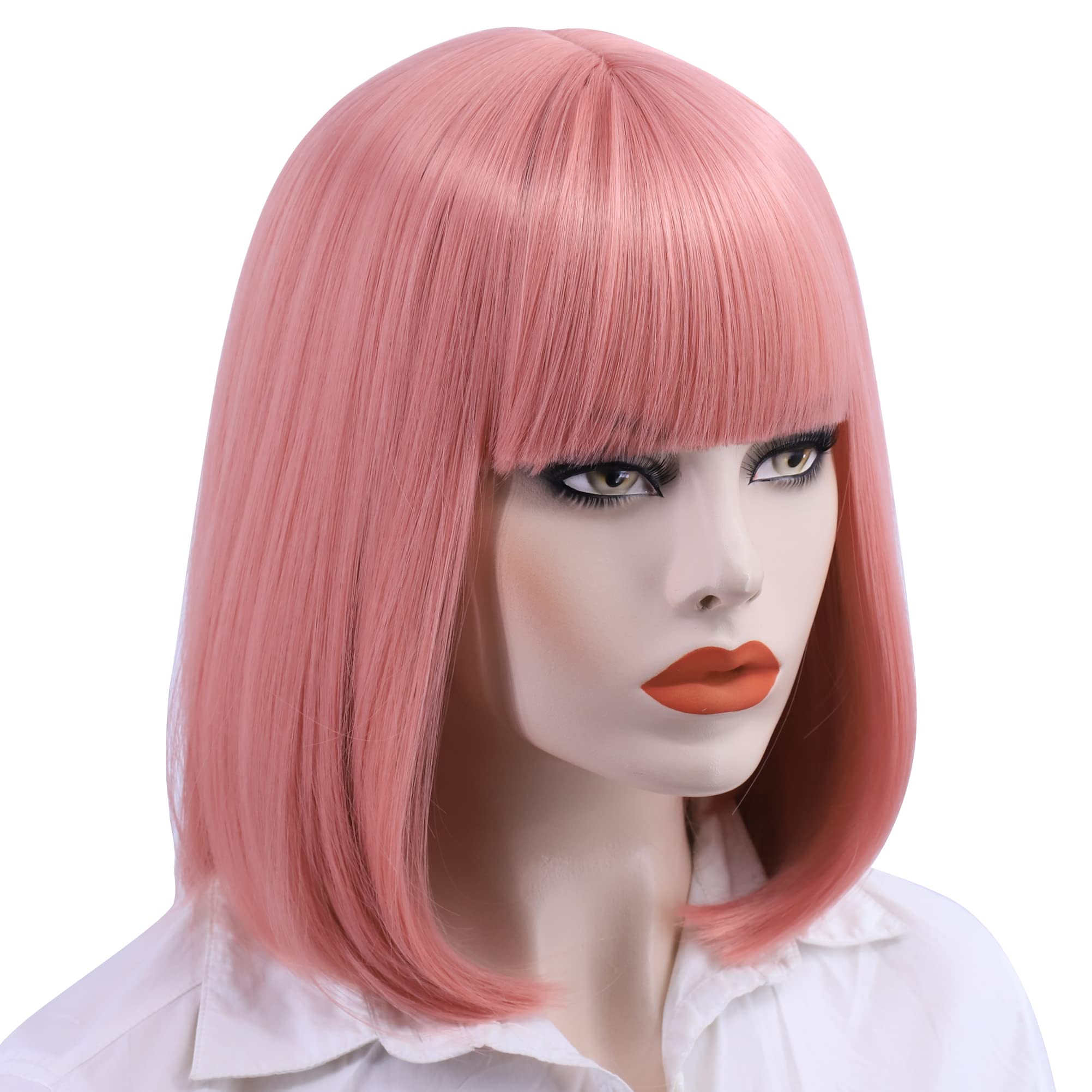 Short Straight Bob Pink Wig with Bangs for Women - Natural Synthetic Hair Wig for Daily Wear, Party, Halloween & Cosplay | Perfect for Costumes, Themed Events & Everyday Fashion