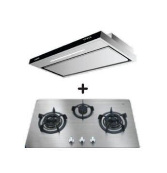 Ellane EH 2990 90cm Stainless Steel Slimline Range Hood with Ellane OS 803SV 86cm 3-Burner Gas Cooktop - Modern Kitchen Ventilation & Cooking Solution for Home Chefs