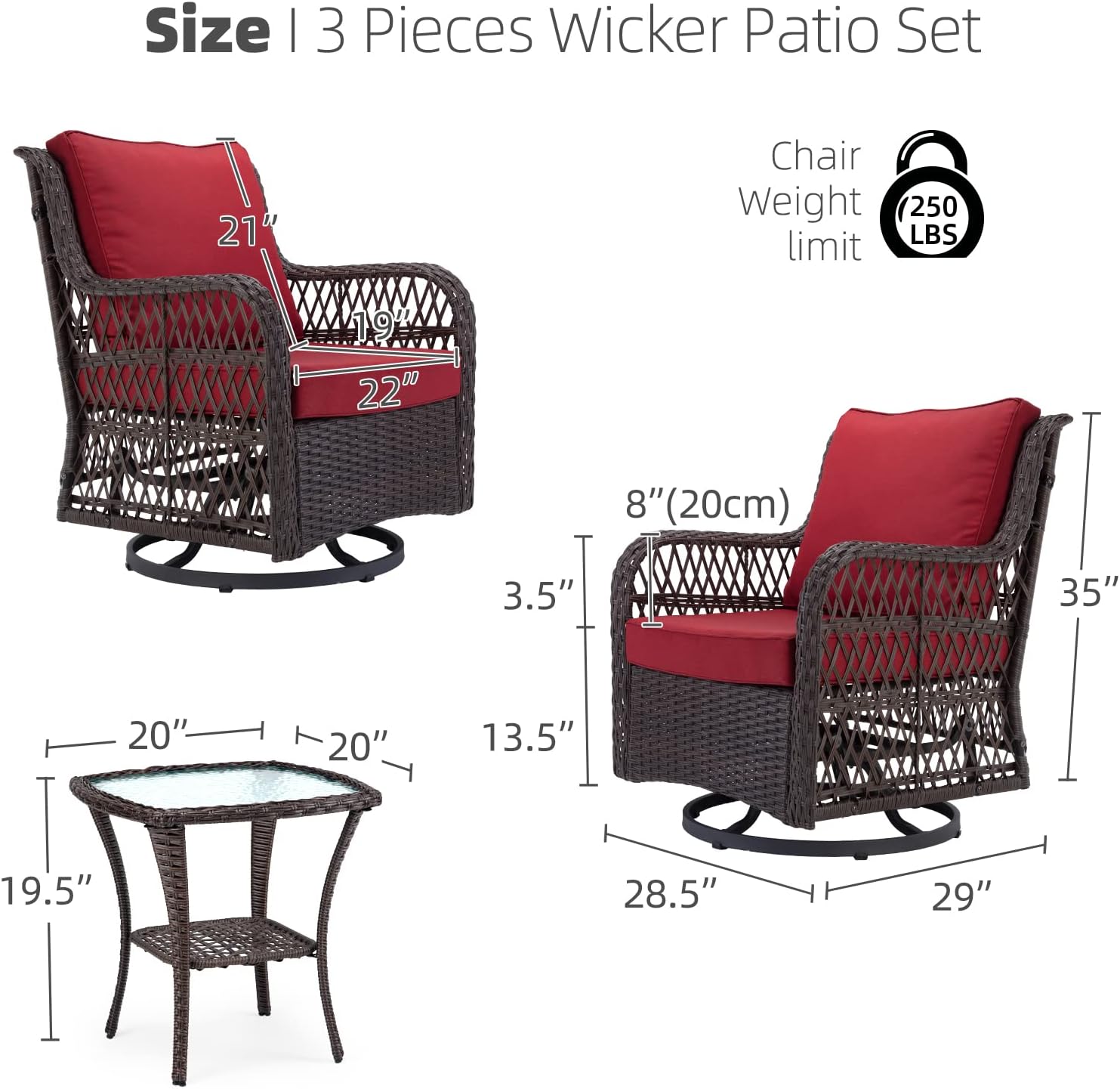 GARVEE 3-Piece Rattan Swivel Rocking Chair Set for Outdoor Patio - Wicker Bistro Conversation Furniture with Cushions & Side Table (Red) - Perfect for Garden, Poolside, and Backyard Relaxation