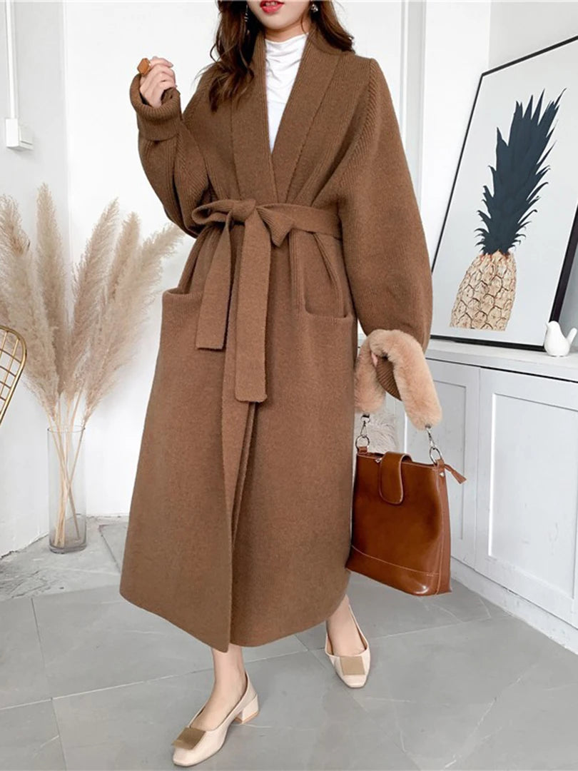 Women's Plus Size Long Knit Cardigan Sweater - Black Belted V-Neck Long Sleeve Open Front Wrap Coat | 2025 Spring Autumn Fashion | Casual Office Wear, Layering Piece, Travel Outfit