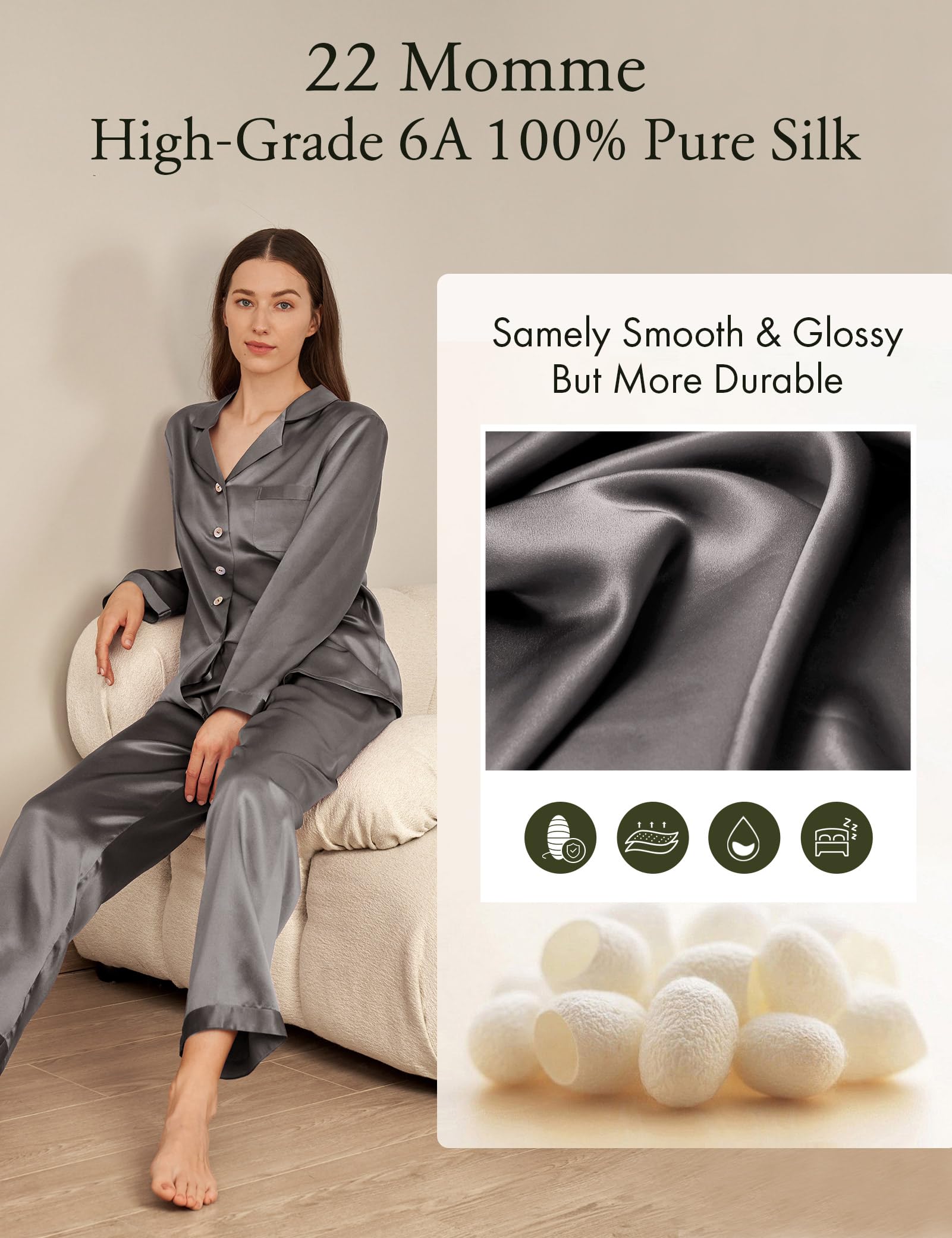 Luxury 100% Mulberry Silk Pajamas for Women - 22 Momme Pure Long Sleeve Full Length Nightwear | Soft & Breathable Sleepwear for Comfortable Nights & Relaxing at Home