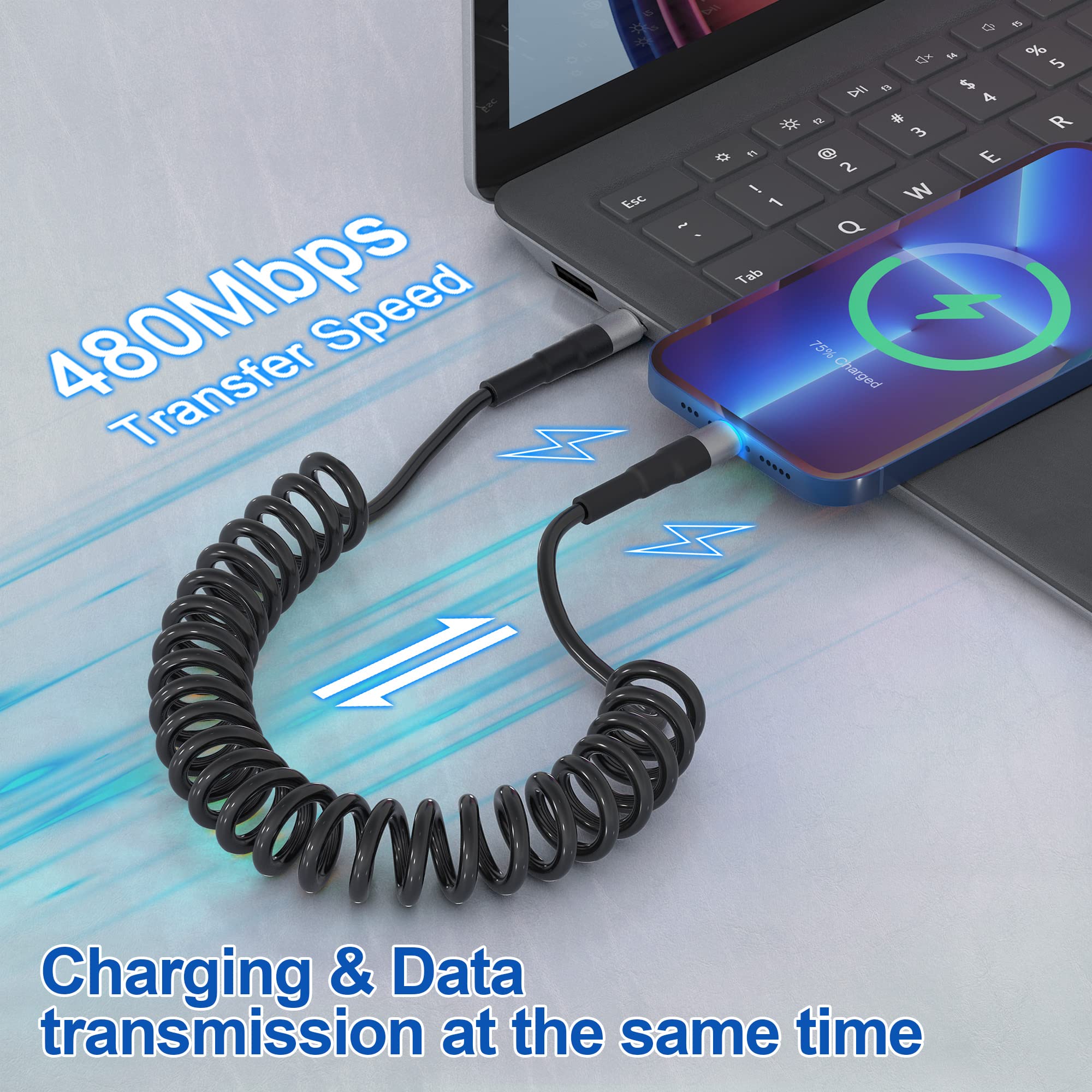 MFi Certified Coiled USB-C to Lightning Cable - Fast Charging & Data Sync for iPhone/iPad/iPod | Apple CarPlay Compatible Retractable Charger with LED Indicator | Perfect for Car, Home & Office Use