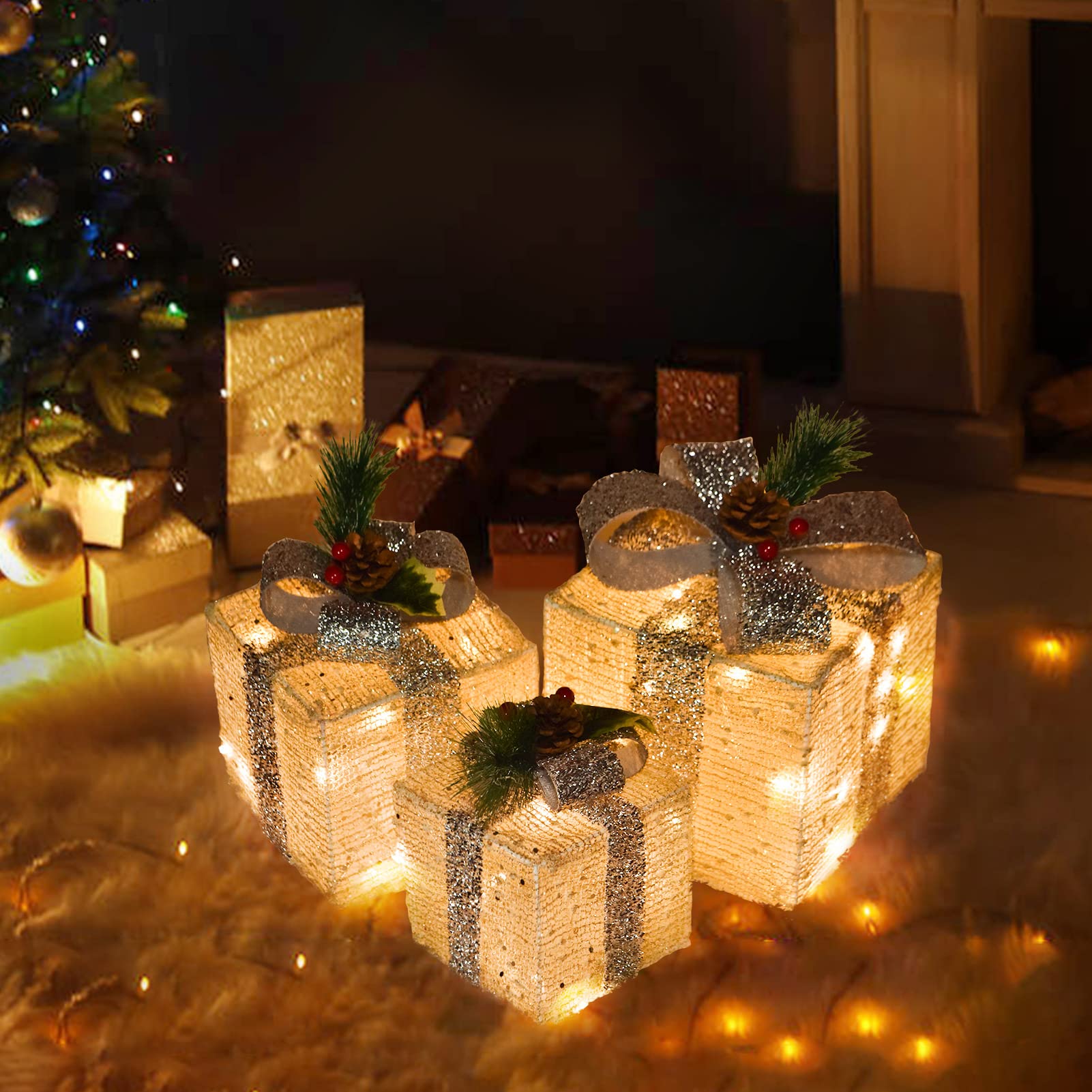 3-Pack Christmas Lighted Gift Box Decorations - 60 LED Warm White Pre-Lit Boxes, Battery Operated Holiday Decor for Xmas Tree, Home, Party | Indoor Use for Mantel, Table Centerpiece & Gift Display