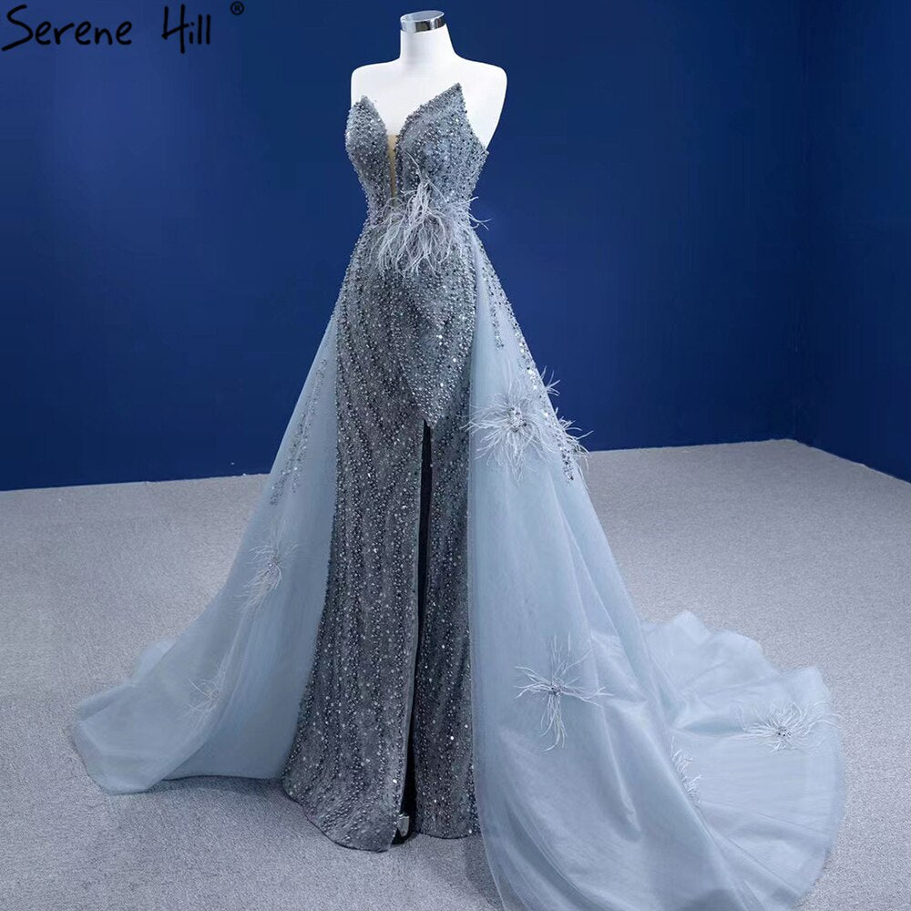 Elegant Grey Mermaid Evening Dress with Feather & Beaded Overskirt for Women - Serene Hill 2025 Collection | Perfect for Prom, Gala & Formal Parties (HM67340)