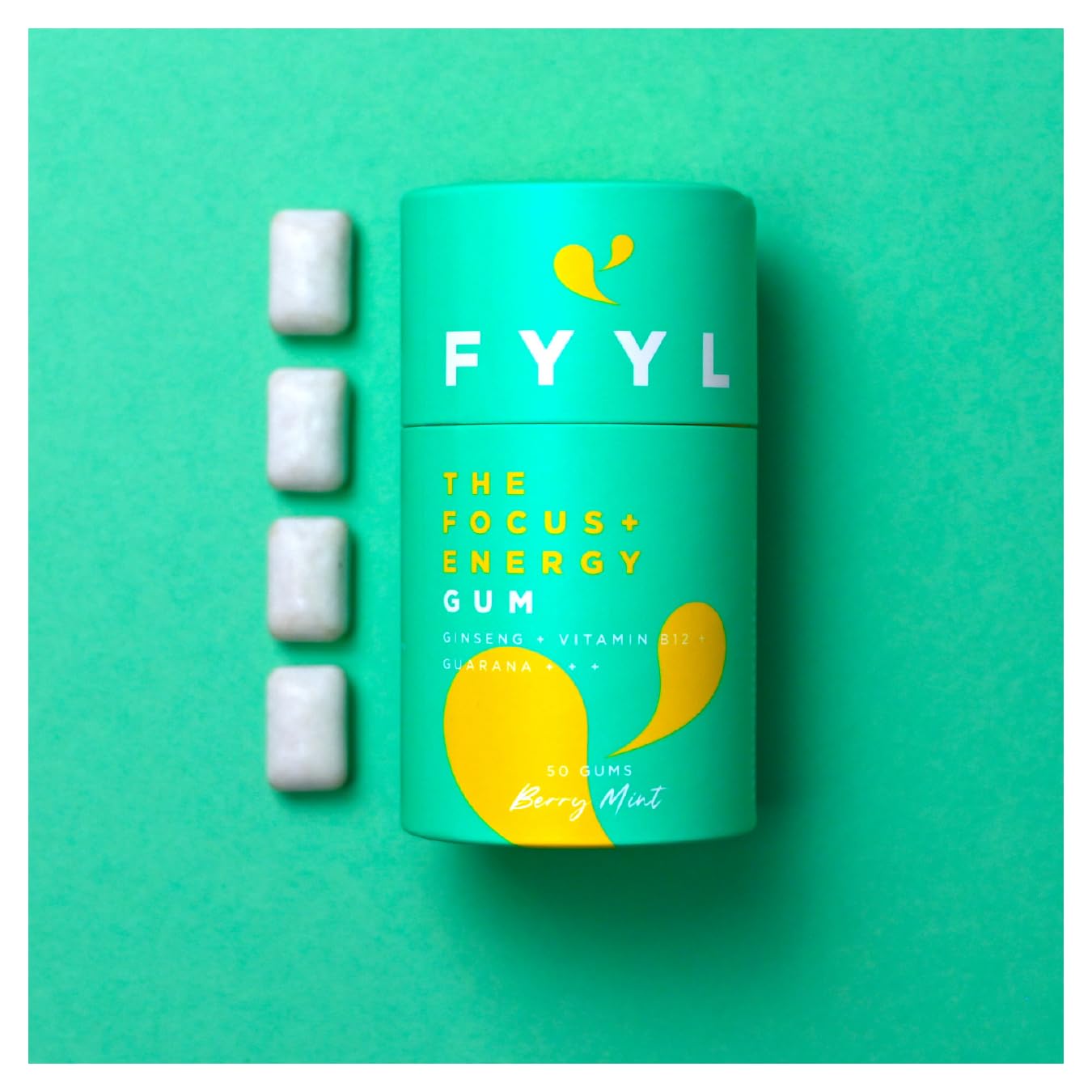 FYYL GUM Sugar-Free Energy & Focus Chewing Gum with Guarana, Ginseng & Vitamin B12 - Berry Mint Flavor - 50 Count Large Pack - Plastic-Free - Perfect for Studying, Workouts & Long Work Shifts