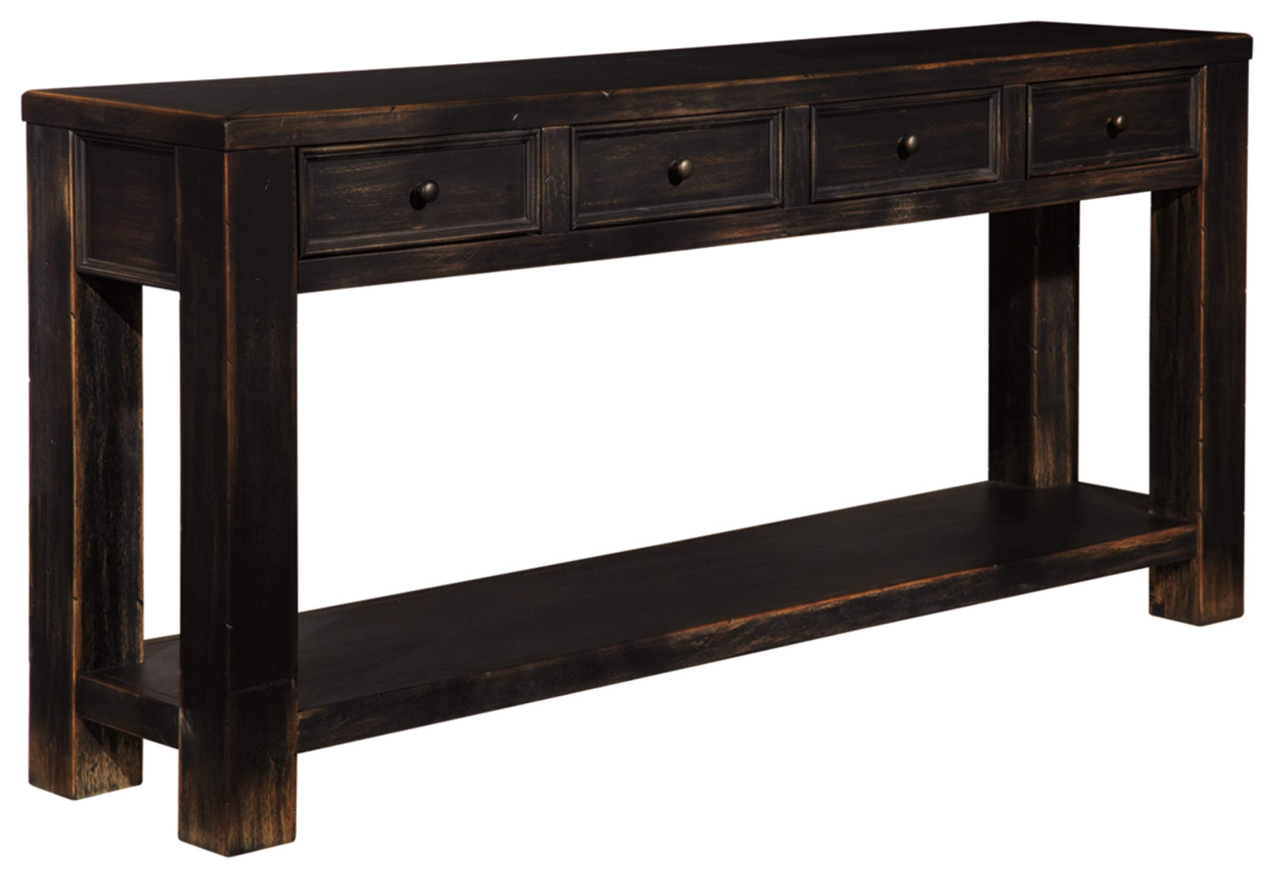 Signature Design by Ashley Gavelston Rustic Sofa Table with 4 Drawers & Lower Shelf in Weathered Black - Perfect for Living Room, Entryway & Farmhouse Decor
