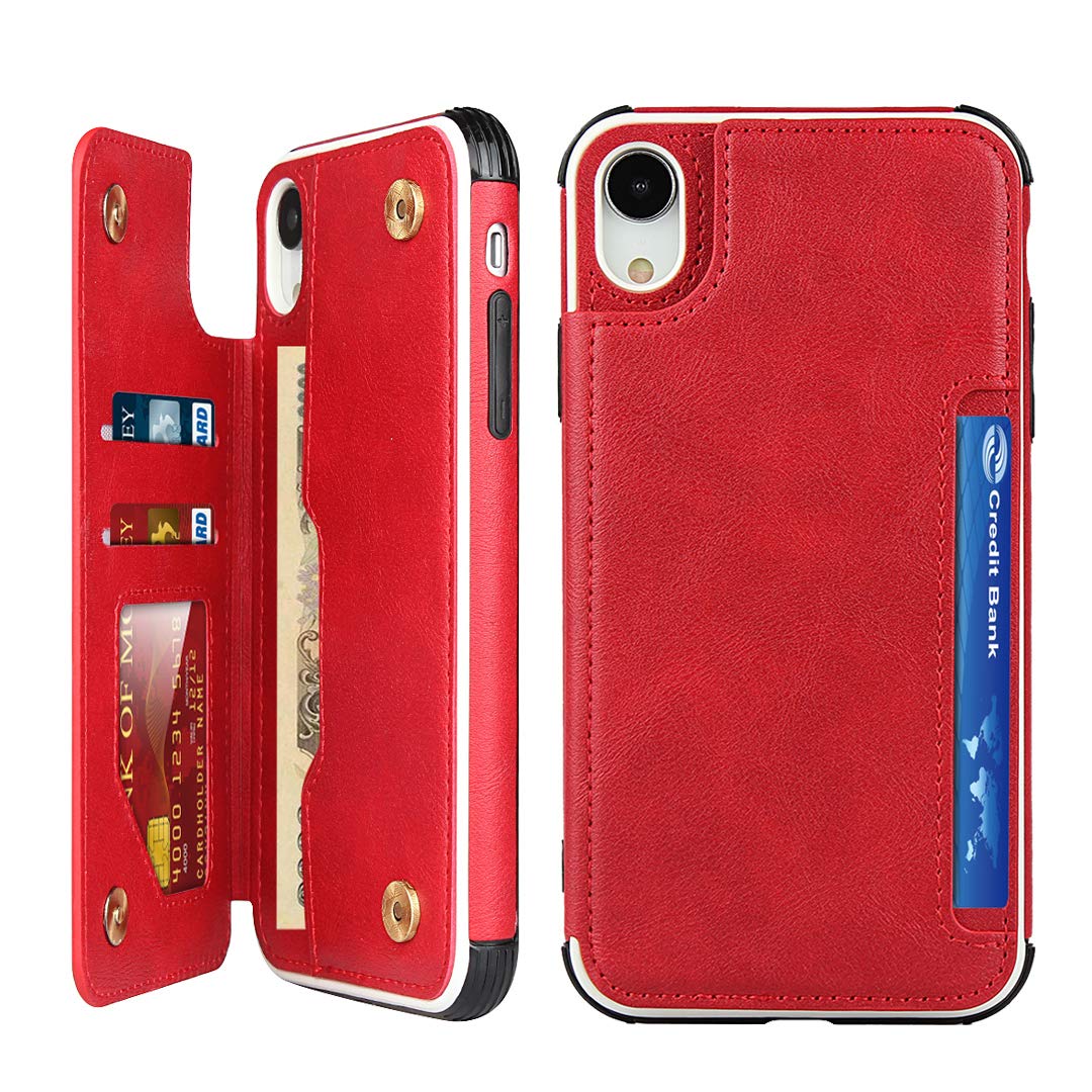 Premium Leather iPhone XR Case with Card Holder & Stand - Shockproof Wallet Phone Case for Women & Men - Perfect for Travel, Work & Everyday Use (Red)