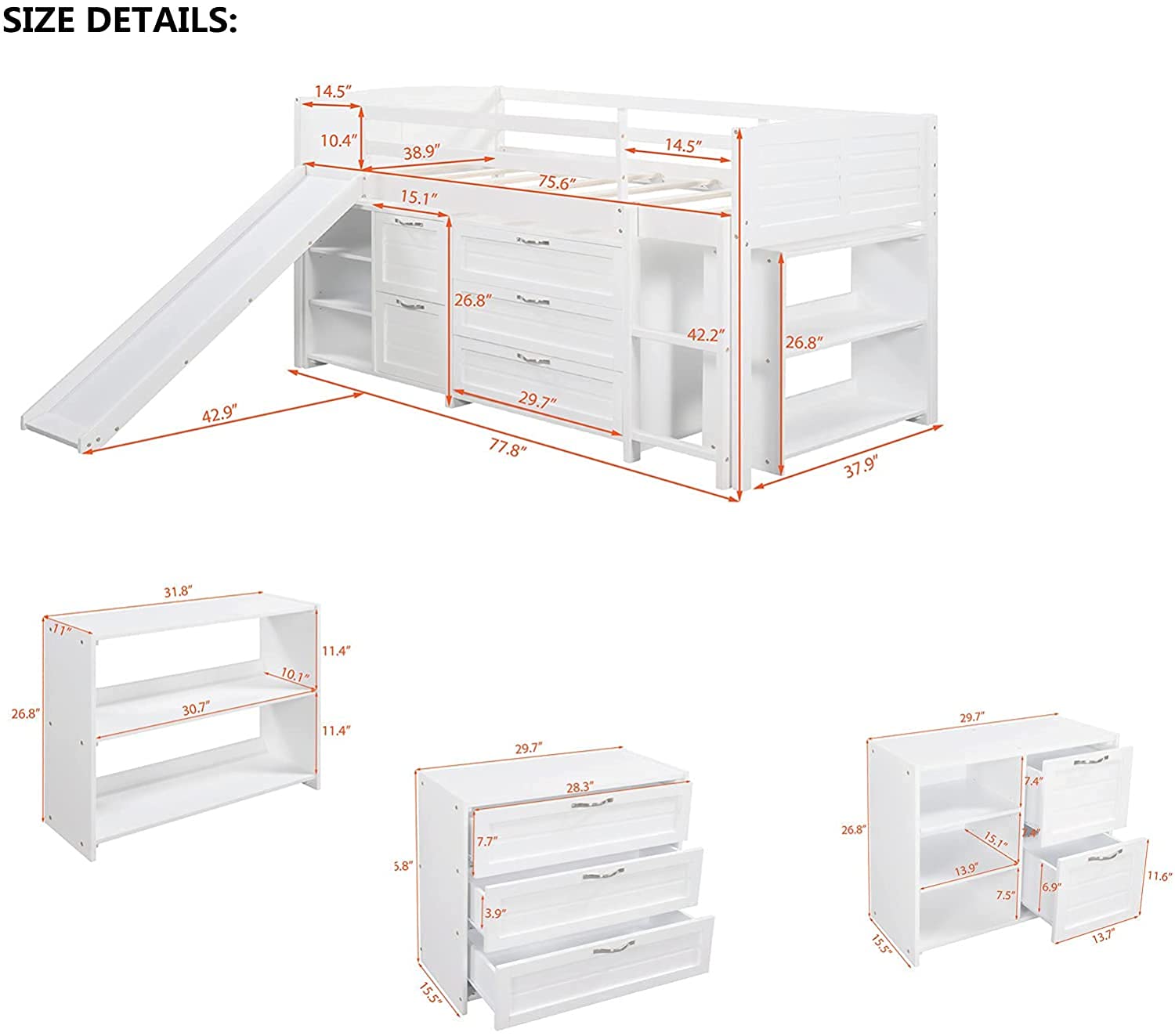 Harper & Bright Designs White Twin Size Kids Loft Bed with Slide, Storage Cabinet Drawers & Bookshelves - Low Loft Bed Frame for Boys & Girls (No Box Spring Needed) - Perfect for Small Bedrooms, Playrooms & Space-Saving Kids' Rooms