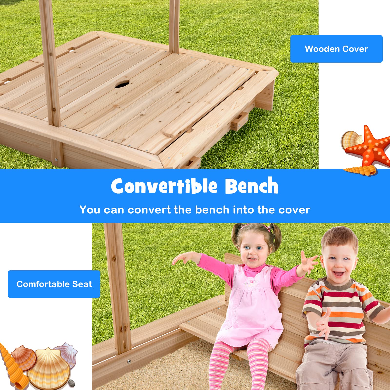 HONEY JOY Kids Sandbox with Canopy - Cedar Wood Bottomless Sand Pit for Backyard, Patio, Lawn & Garden - Outdoor Square Sandbox with Bench Seat & Backrest - Includes Lid - Perfect Gift for Boys & Girls Ages 3+ - Great for Outdoor Play, Sensory Activities & Backyard Fun