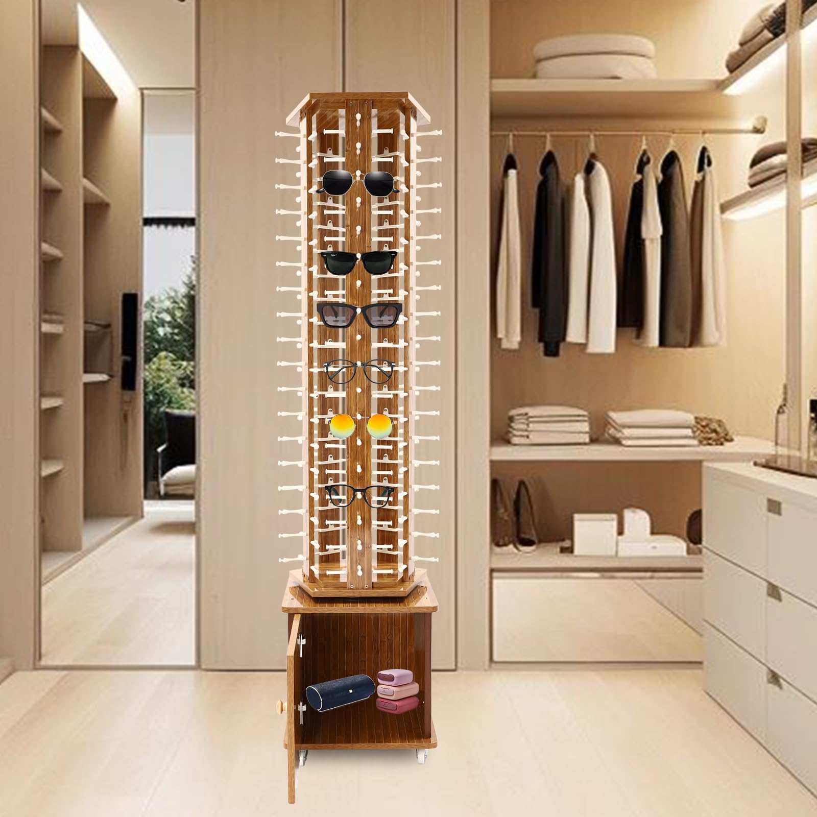 90 Pairs 360° Rotating Sunglasses Display Stand with Wheels & Drawer - 5-Sided Eyeglass Carousel Rack for Retail Stores, Optical Shops & Home Use - Perfect for Eyewear Showcase, Store Organization & Space Saving