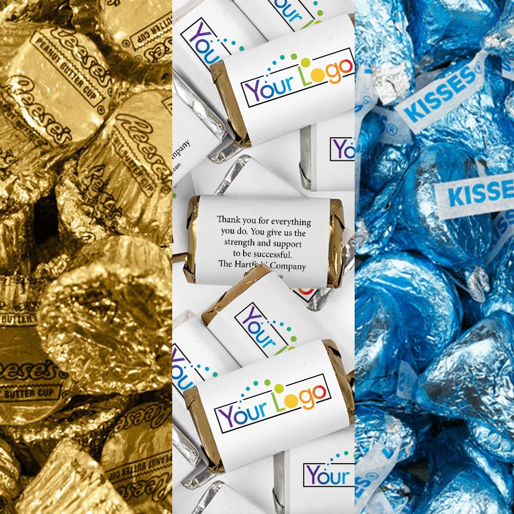 190 Pcs Bulk Custom Candy with Business Logo - Personalized Mini Chocolates, Kisses & Peanut Butter Cups for Candy Buffet, Party Favors & Corporate Gifts (Gold & Light Blue)