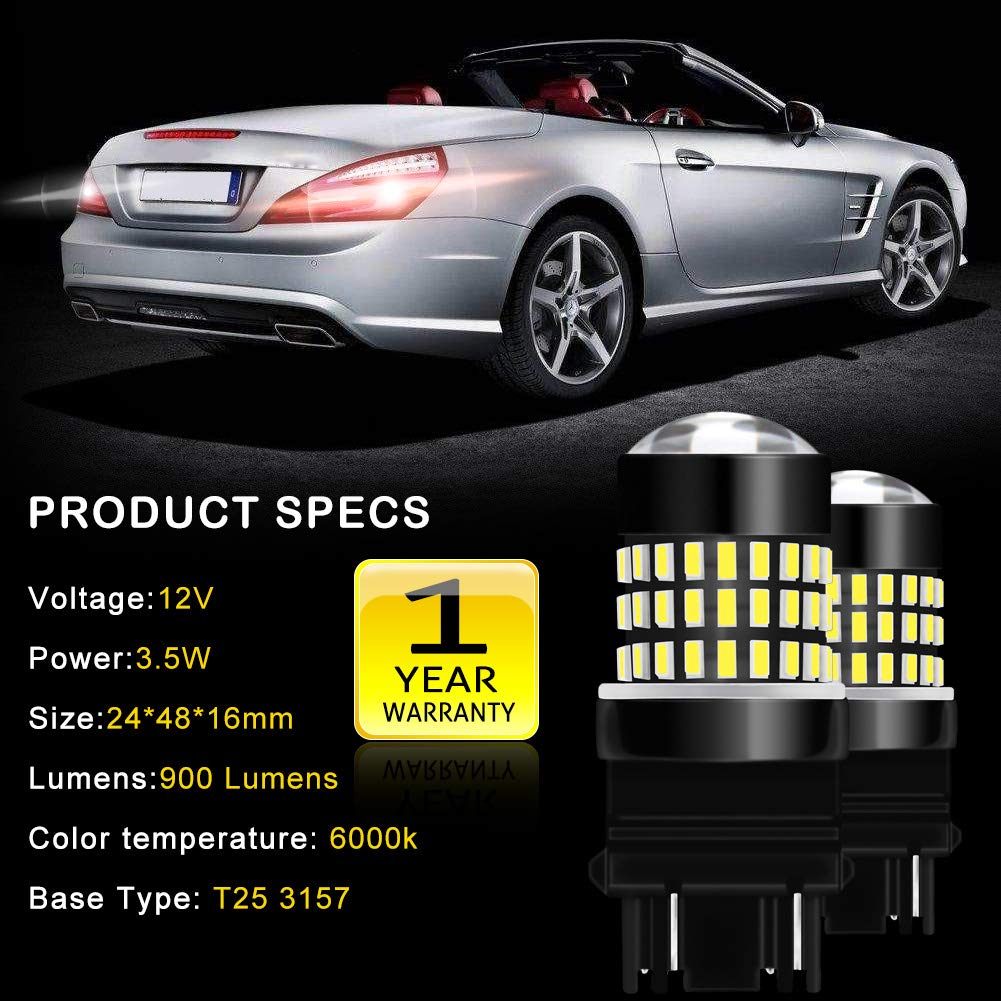 3157 3156 3057 4157 LED Bulbs - Xenon White 1800LM Super Bright 3014 SMD Chipsets with Projector Lens | Reverse Lights, Brake Lights, Tail Lights for Cars, Trucks, SUVs | 12-24V DC (2-Pack) - Perfect for Night Driving & Enhanced Safety
