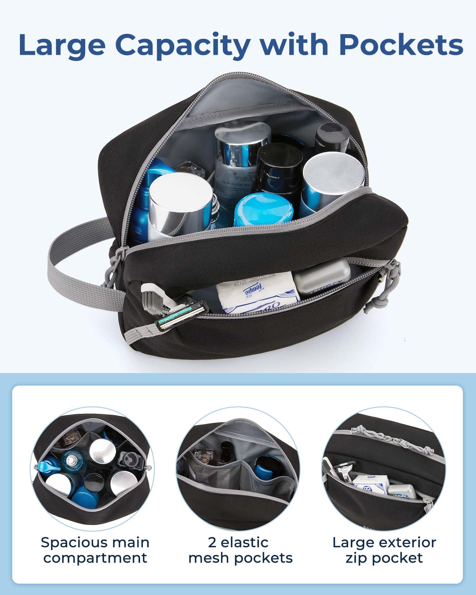 BAGSMART Waterproof Travel Toiletry Bag for Men & Women - Compact Shower Organizer with Hanging Hook - Perfect for Bathroom, Gym, Camping & Airplane Carry-on Essentials (Black)