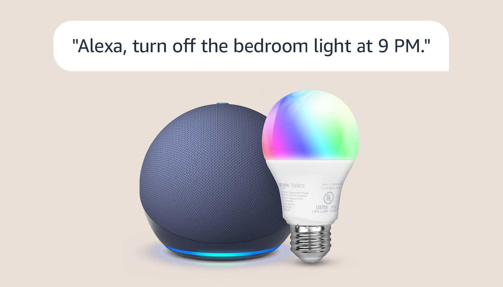 Amazon Echo Dot (4th Gen) with Amazon Basics Smart Color Bulb - Smart Speaker & LED Light Bulb Combo for Home Automation, Music & Voice Control