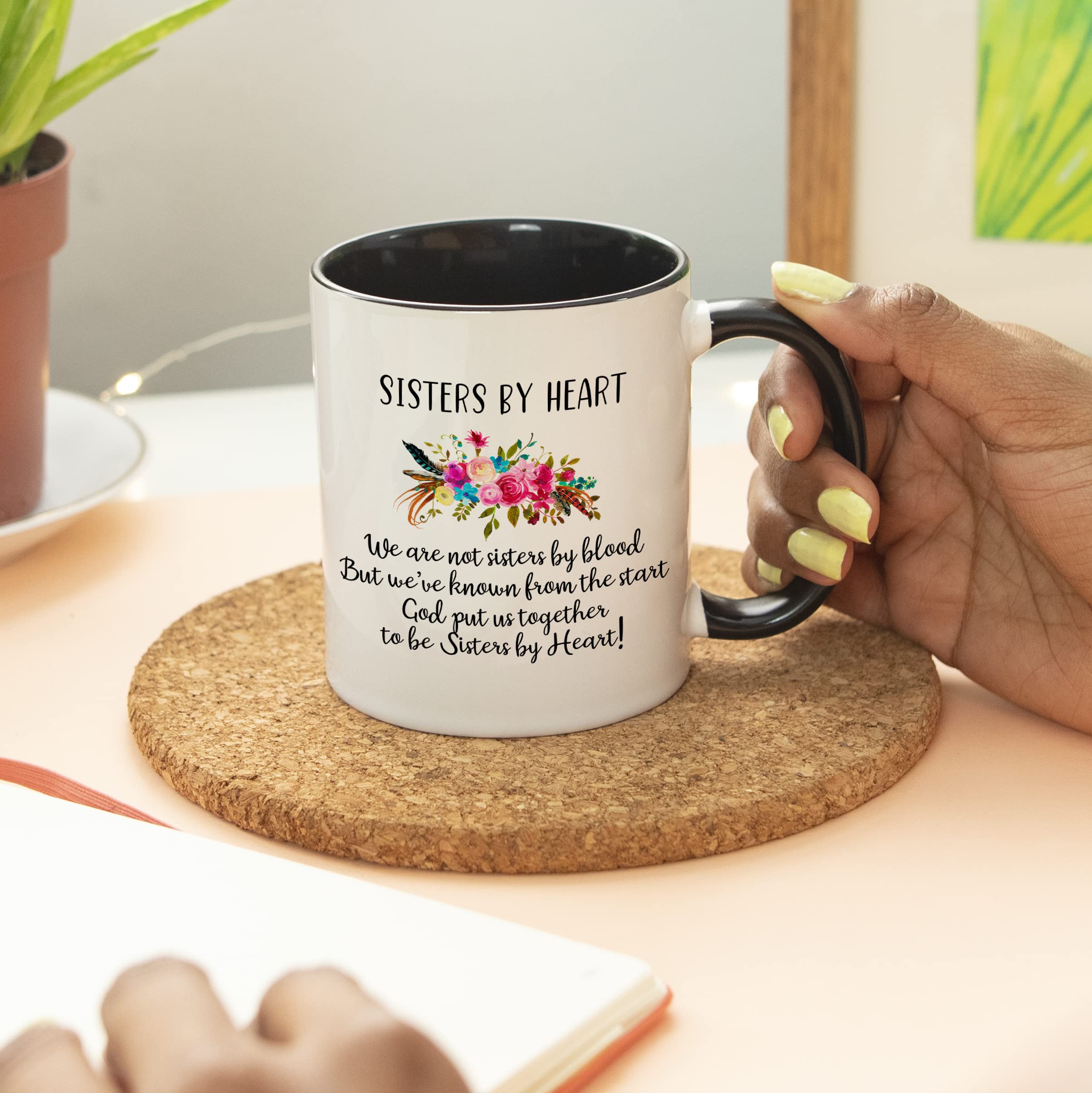 YouNique Designs Not Sisters by Blood but Sisters by Heart Mug - 11oz Ceramic Coffee Cup for Unbiological Sisters, Soul Sisters & Best Friends (Black Handle) - Perfect for Birthday Gifts, Sisterhood Celebrations & Coffee Lovers