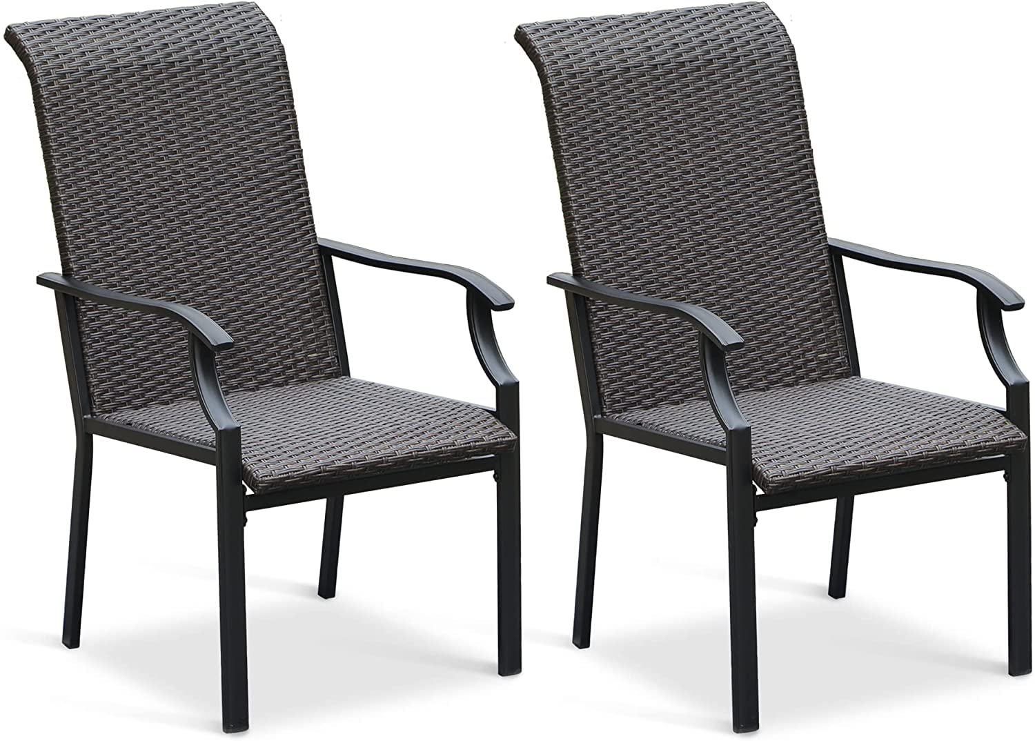 2-Piece Patio Rattan Dining Chairs Set - High Back Wicker Outdoor Chairs with E-Coated Metal Frame (350lbs Capacity) for Garden, Yard, Lawn & Outdoor Entertaining