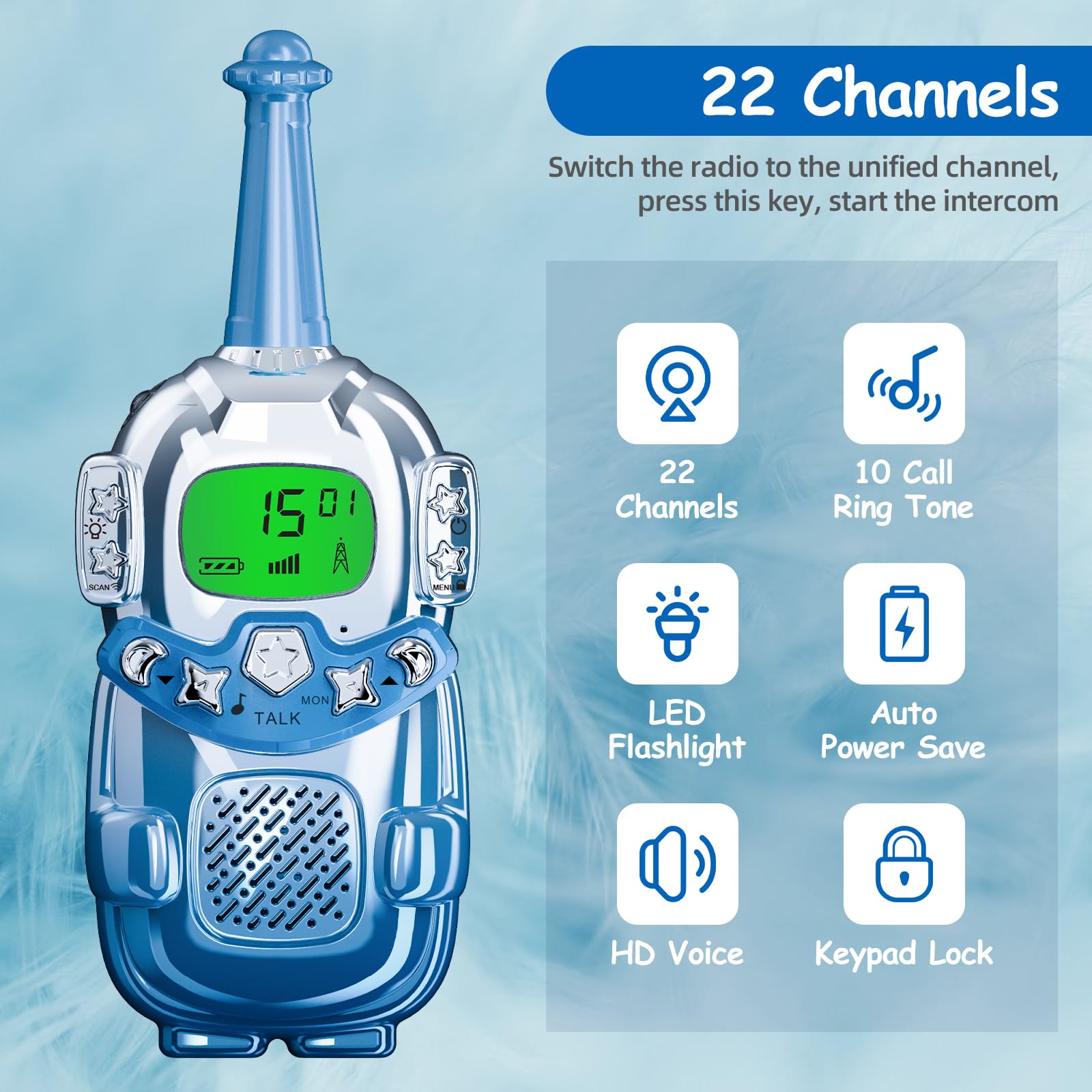 Mini Robot Kids Walkie Talkies 2 Pack - Walkie Talkies for Boys & Girls Ages 3-12 with LCD Backlit Flashlight | 3KM Range for Camping, Hiking & Outdoor Adventures | Perfect Birthday & Christmas Gift (Blue)
