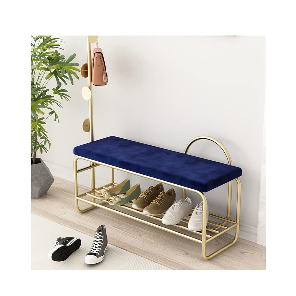 Industrial Metal Frame Entryway Hall Tree - Large Coat Rack with Shoe Bench, 5 Hooks & Storage Shelf for Clothing, Jackets & Shoes - Perfect for Living Room, Bedroom & Entryway Organization (Gold+Blue, 80x35x175cm) - Ideal for Small Spaces & Home Decor