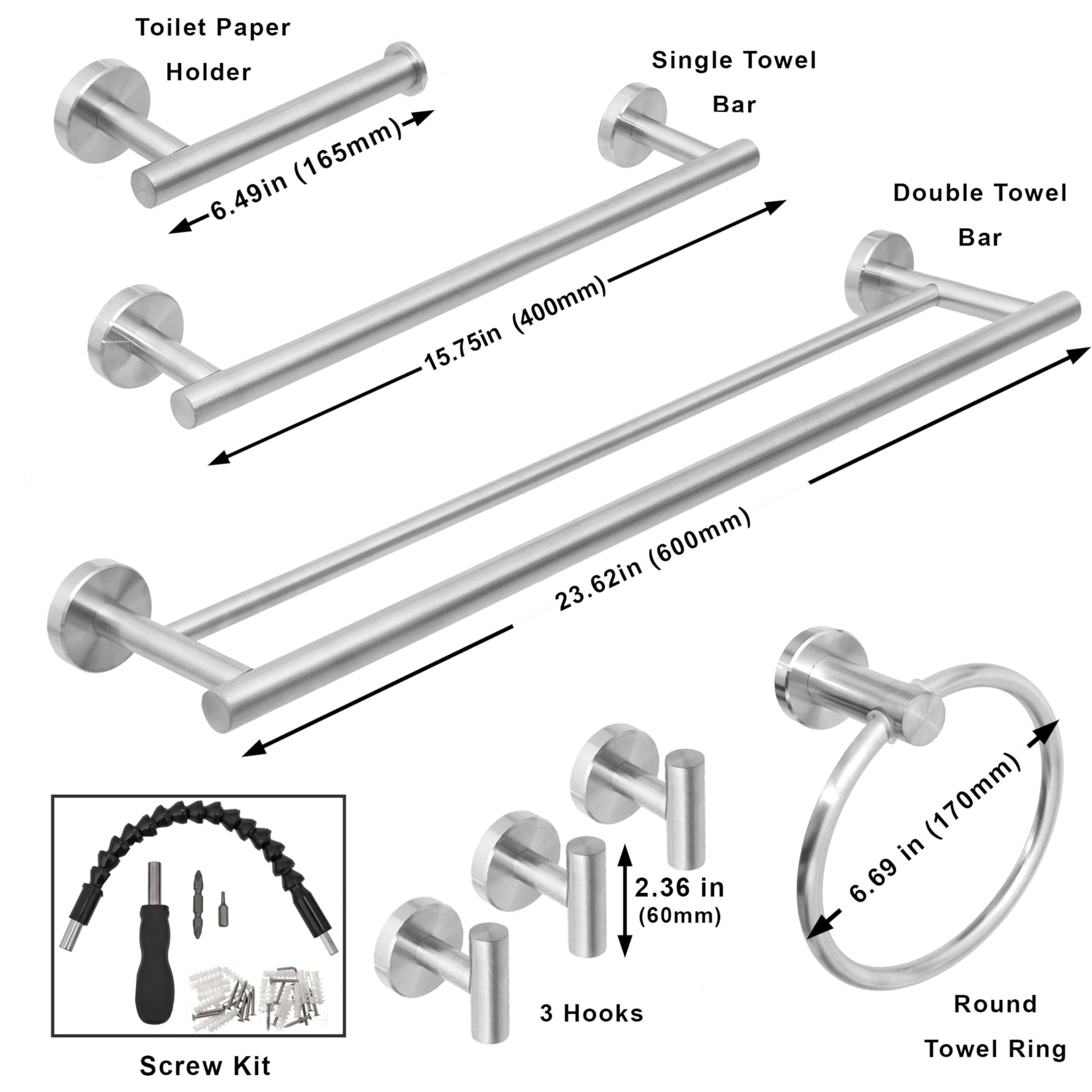 7-Piece Bathroom Hardware Set - Brushed Nickel Wall Mounted Towel Bar & Rack Set with Hooks | Bathroom Accessories for Modern Home Decor | Perfect for Showers, Bathtubs & Spa-Style Bathrooms