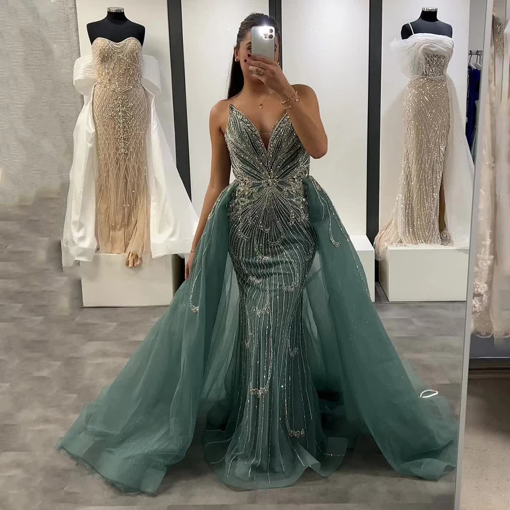 Luxury Dubai Turquoise Mermaid Evening Gown with Overskirt - Saudi Arabian Formal Dress for Women LA72880 | Perfect for Weddings, Galas & Special Occasions