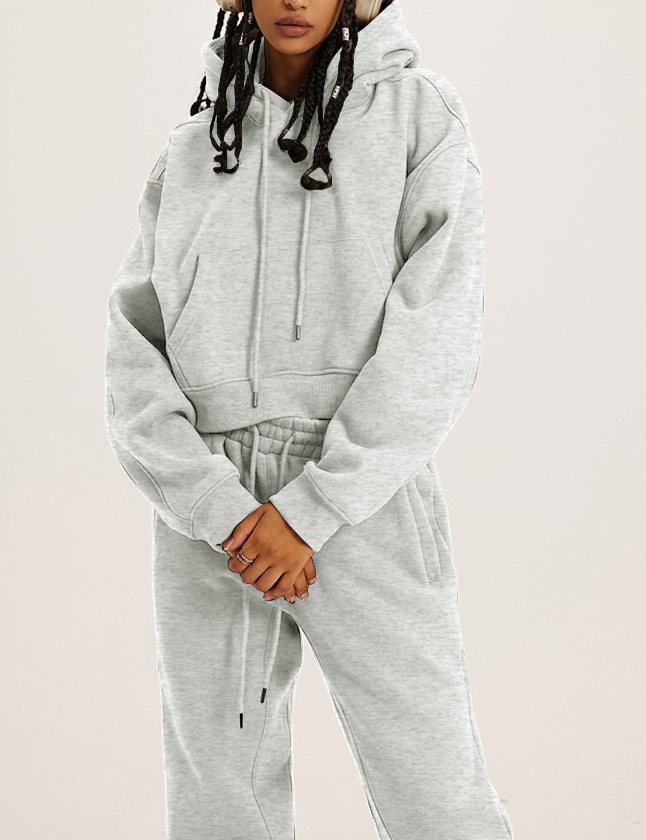 COZYPOIN Women's Fleece 2-Piece Sweatsuit Set - Soft Crop Top & Jogger Pants with Hoodie | Cozy Lounge Wear for Home, Gym & Casual Outfits
