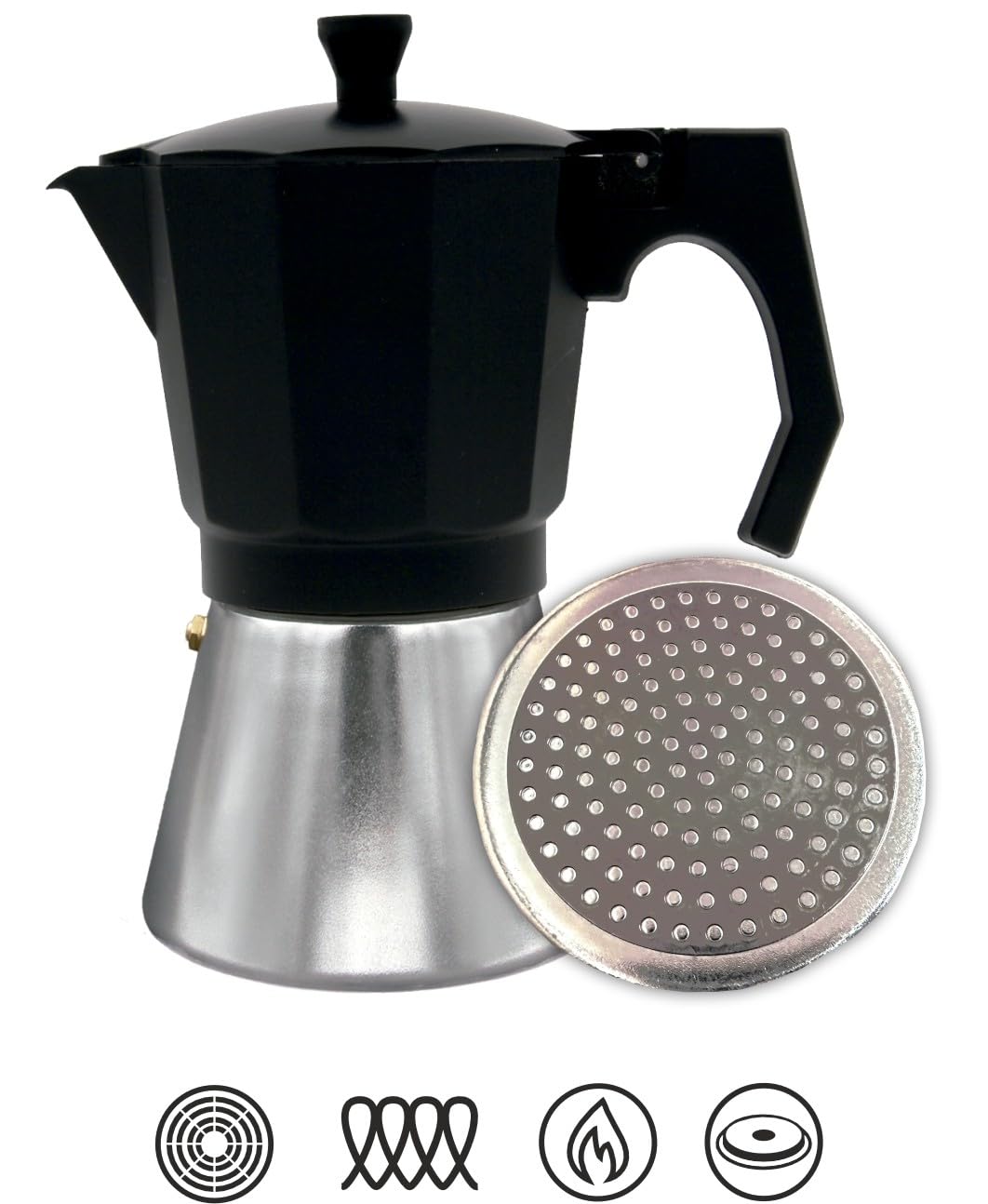 Bastilipo Italian Induction Coffee Maker - 12 Cup Aluminum Stovetop Espresso Pot, Black - Perfect for Home, Office & Camping Brewing