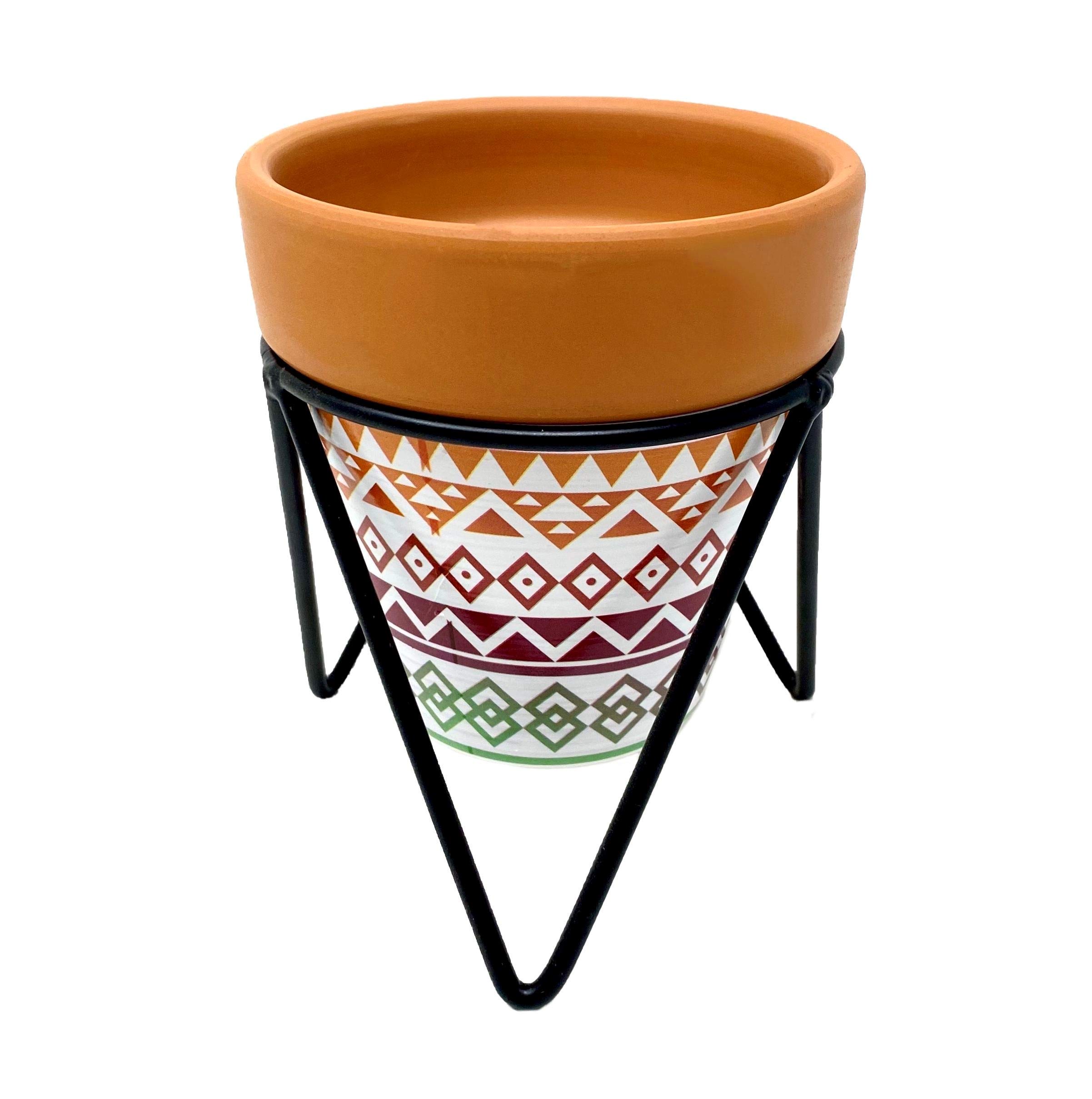 TJ Global Succulent Cactus Planter - Tribal Print Terracotta Pot with Iron Stand, Small Indoor Plant Pot with Drainage Hole for Home, Office, Desk, or Garden Decor | Perfect for Succulents, Cacti, and Small Plants