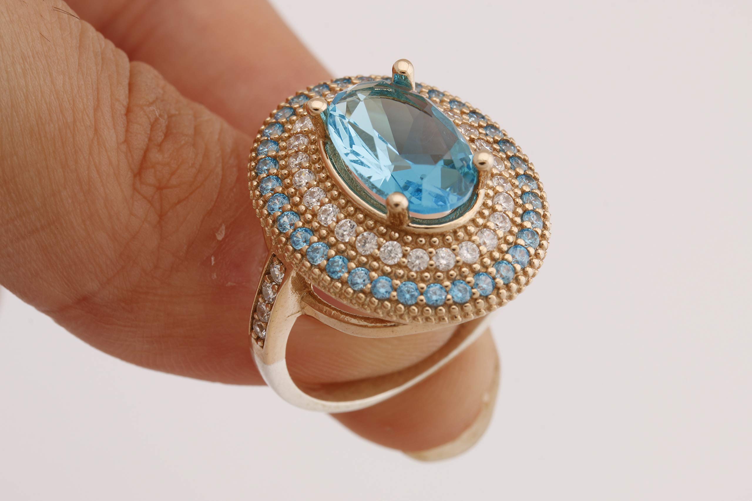 Handmade Turkish 925 Sterling Silver Ring with London Blue Topaz & Round Cut Topaz - Oval Shape Jewelry for Women - Perfect for Weddings, Parties & Everyday Wear (All Sizes Available)