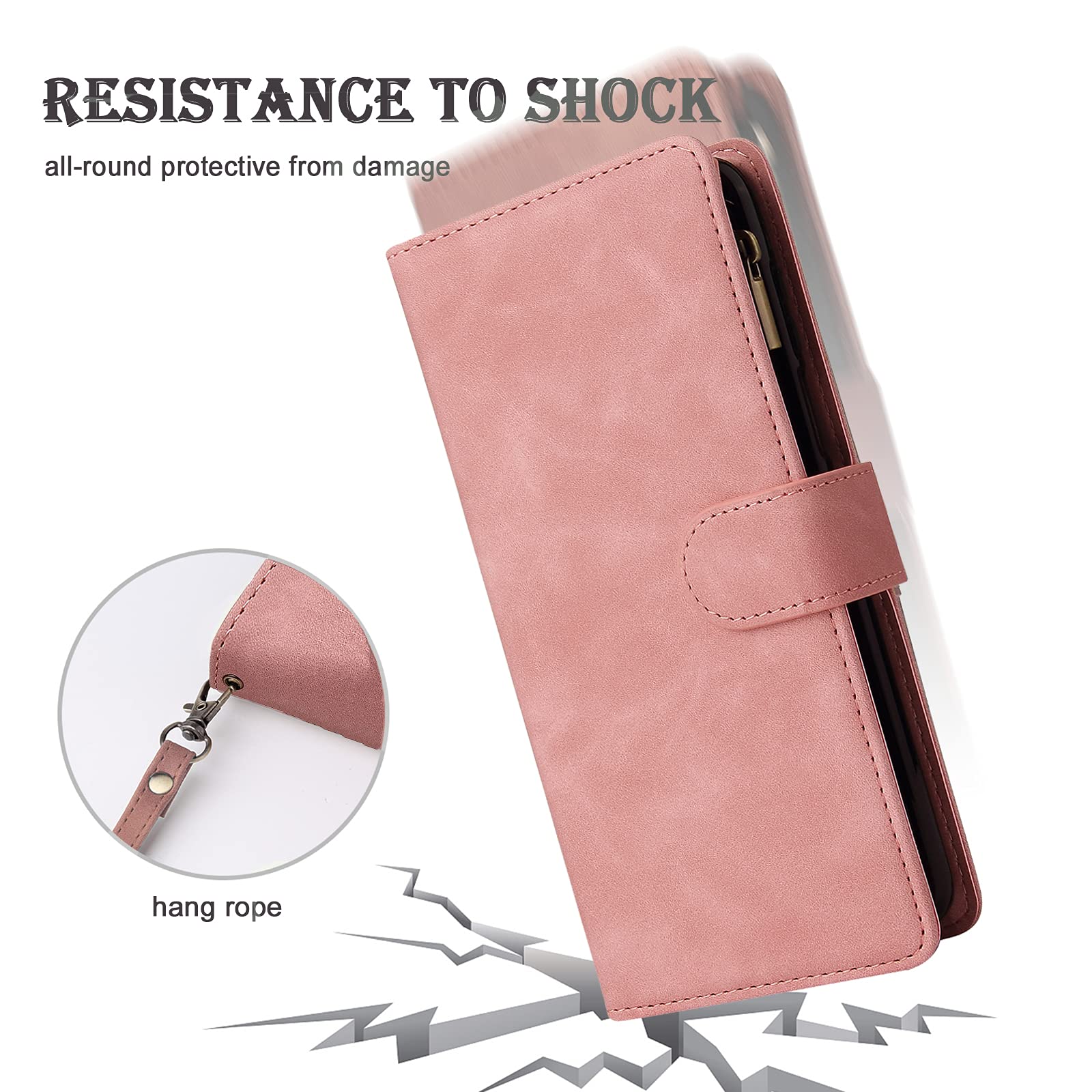Premium PU Leather Zipper Flip Wallet Case for T-Mobile REVVL 6/6X 5G - RFID Blocking with Wrist Strap & Magnetic Closure | Protective Phone Cover for Daily Use, Travel & Business (Pink)