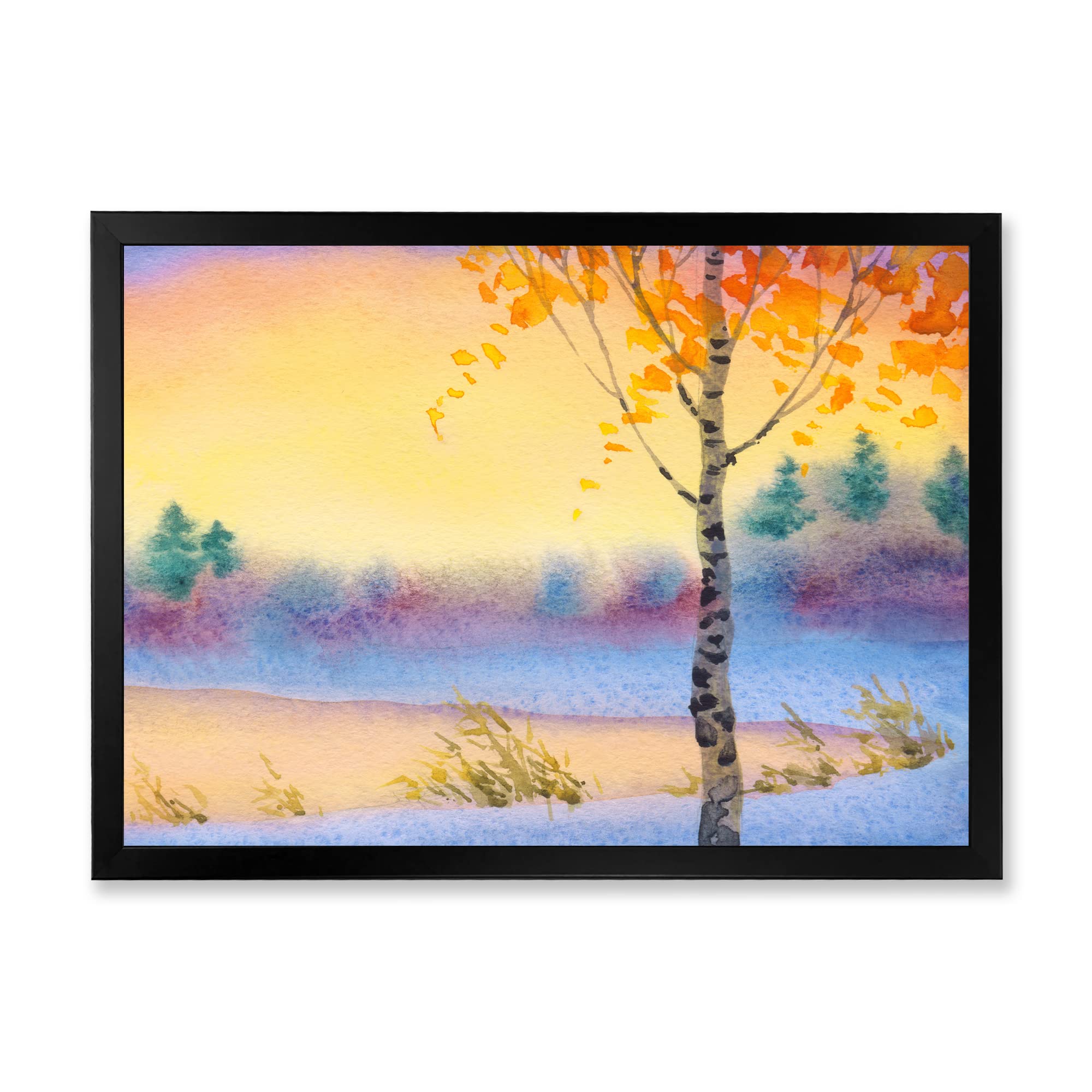 DesignQ Winter Landscape Evening Sky Over Lake Traditional Framed Wall Art - Nature Scenery Canvas Painting for Living Room, Bedroom & Office Decor