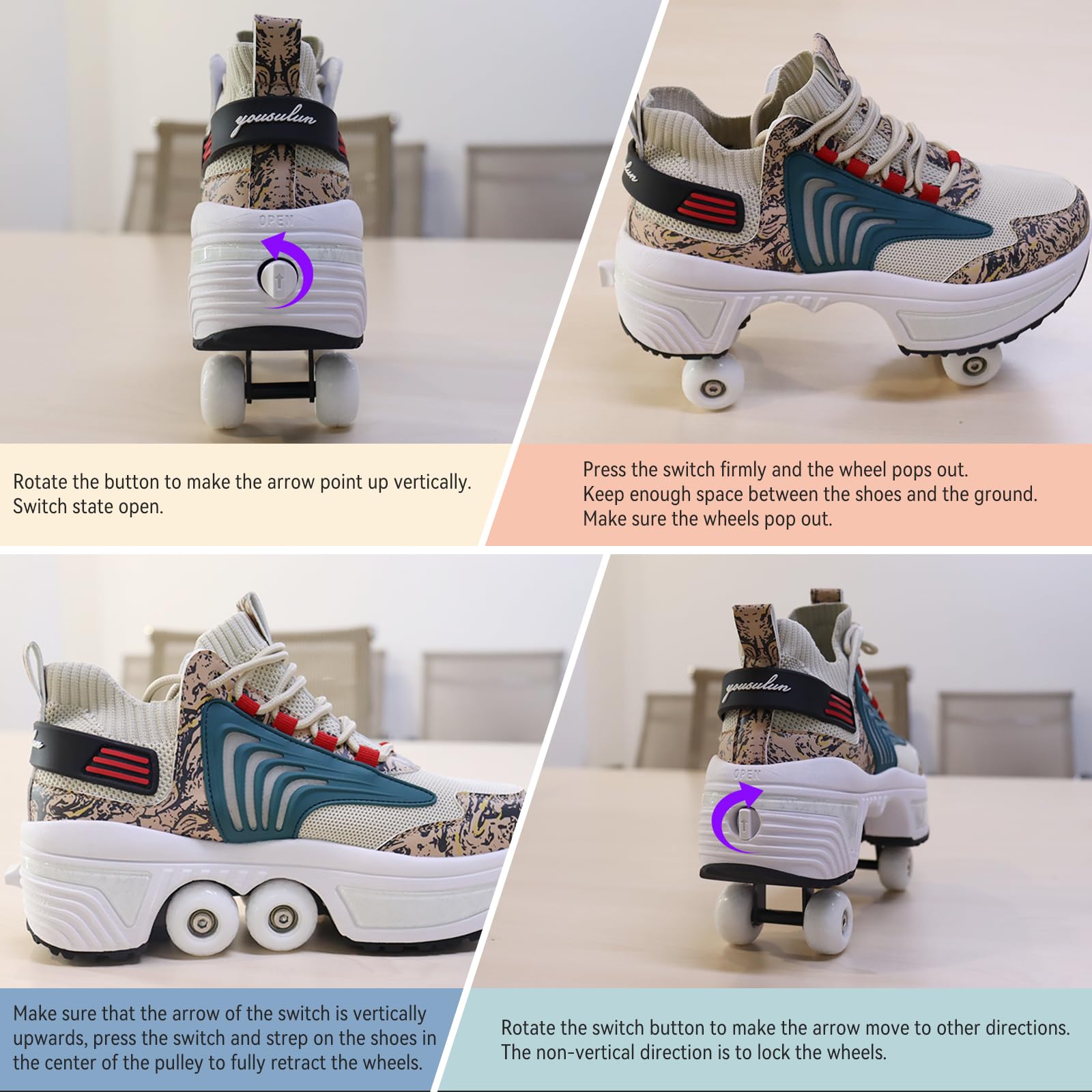 Women's & Kids' Convertible Roller Skate Shoes - 4-Wheel Adjustable Roller Skates Sneakers for Girls & Boys | Outdoor Skating, Sports & Casual Wear