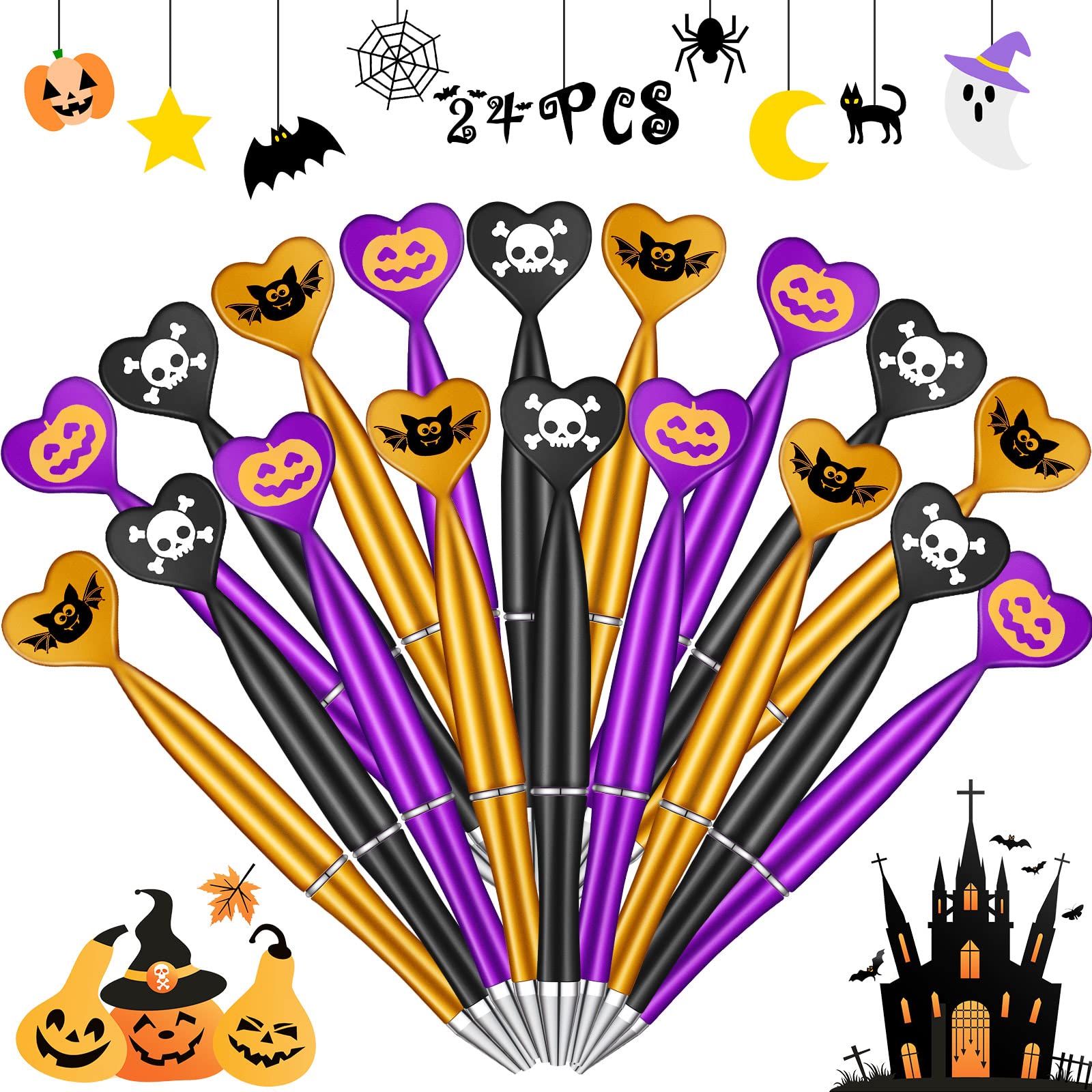 Halloween Ballpoint Pens - 24 Pack Pumpkin Skull Bat Design Retractable Gel Ink Pens (1.0mm Black) for Home, Office & School Supplies - Perfect for Halloween Party Favors, Trick-or-Treat Gifts & Spooky Writing Activities