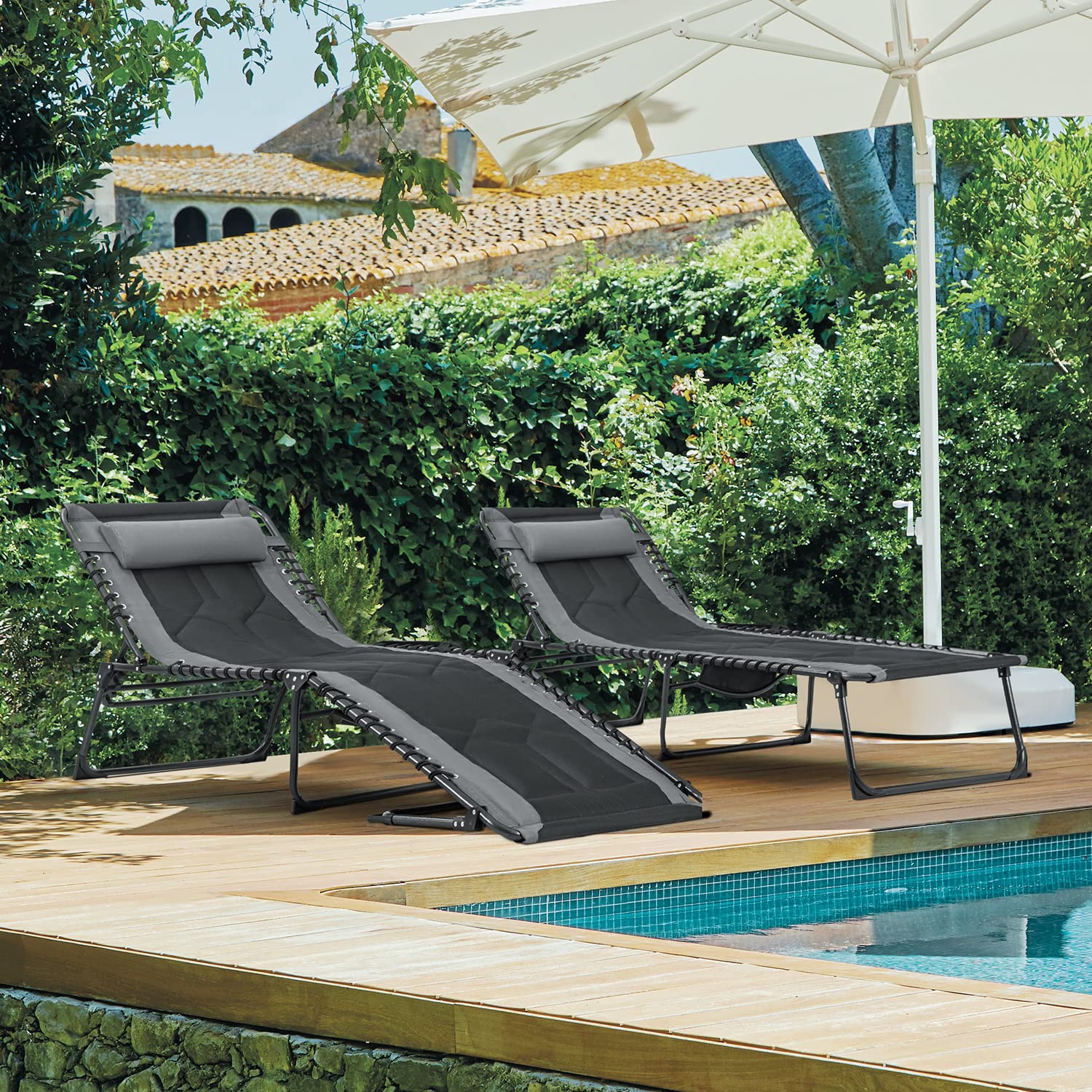 Flamaker Folding Chaise Lounge Chair - 4-Position Adjustable Outdoor Recliner with Pillow & Side Bag - Lightweight Portable Camping Chair for Pool, Beach, Deck, Patio, Backyard & Sunbathing (Grey)