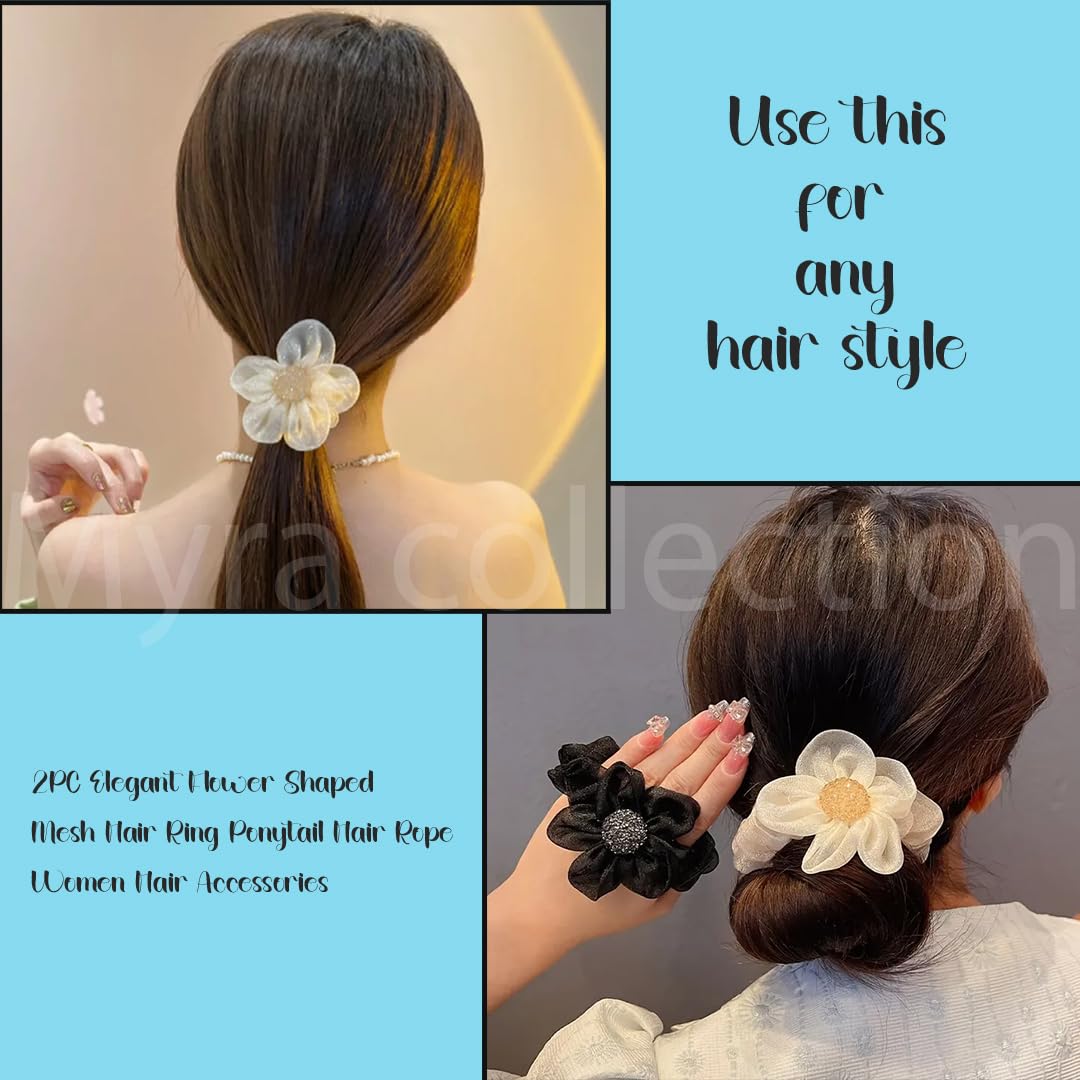 Myra Collection 2-Pack Rhinestone Flower Hair Ties - Soft Fabric Hair Bands for Women & Girls - Shiny Hair Accessories for Parties, Weddings & Everyday Wear
