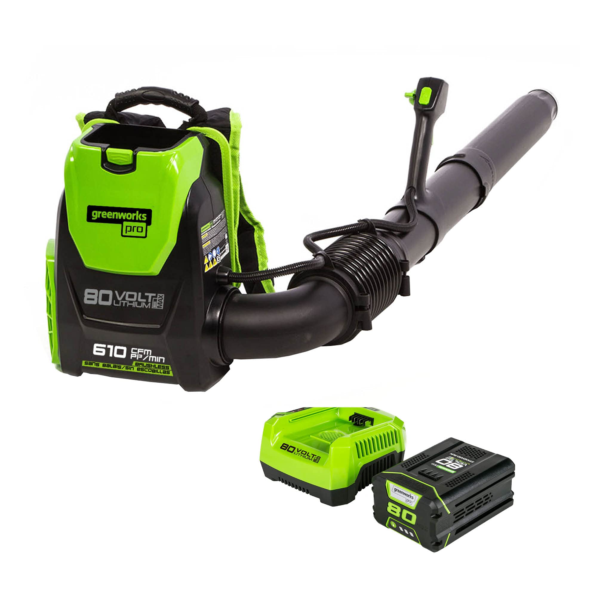 Greenworks 80V Cordless Backpack Leaf Blower - 180 MPH, 610 CFM, Brushless Motor, 2.5Ah Battery & Fast Charger Included (Green/Black) - Ideal for Yard Cleaning, Landscaping, and Fall Leaf Removal
