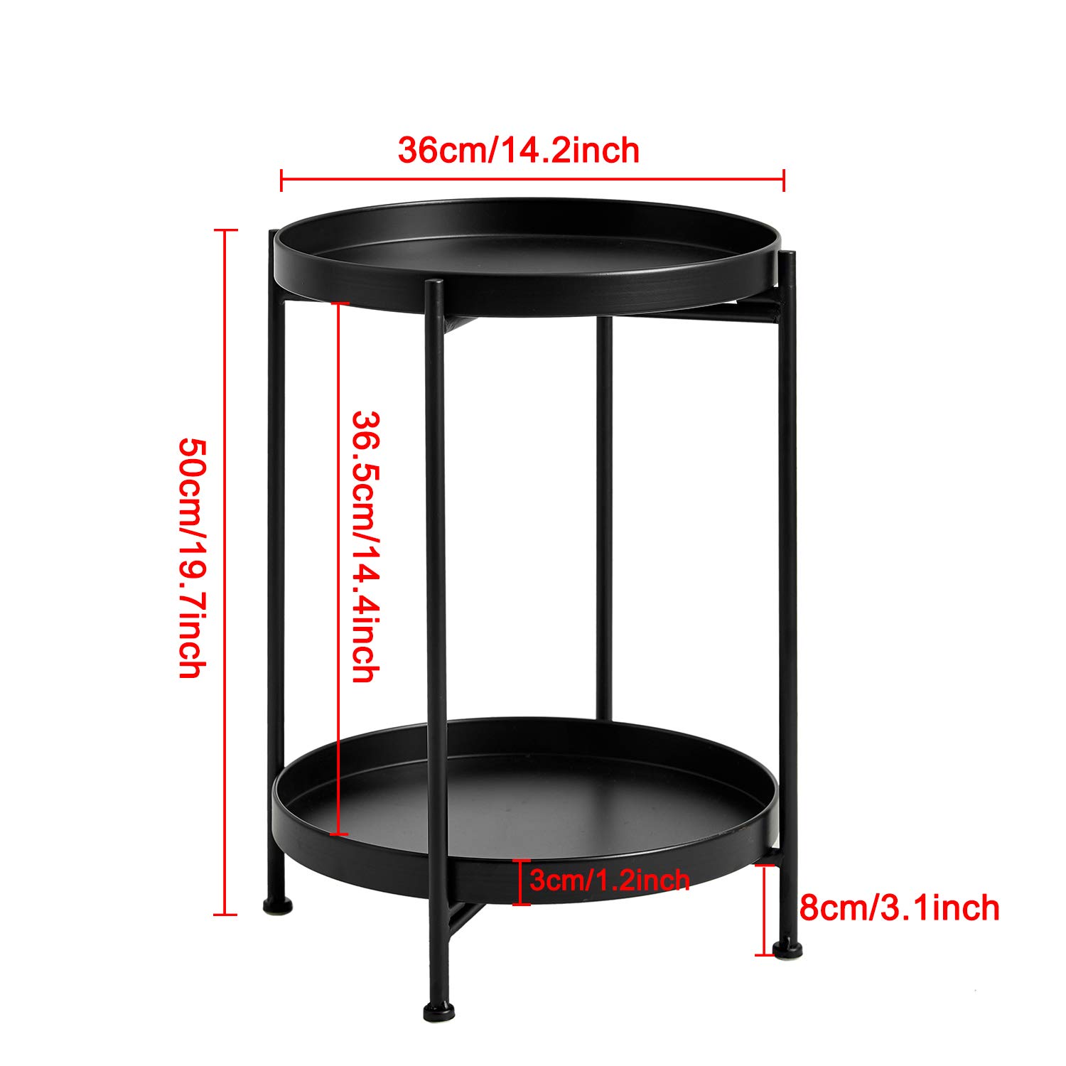 2-Tier Round Metal Tray End Table - Foldable Coffee & Side Table for Couch, Sofa, Bed - Perfect for Living Room, Bedroom, Office & Small Spaces - 20
