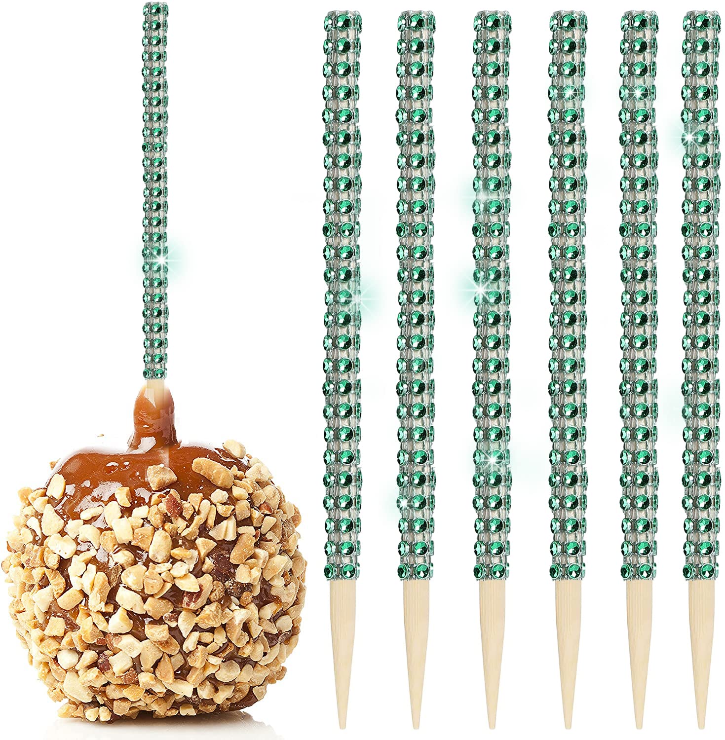 32 PCS Bling Candy Apple Bamboo Sticks with Rhinestones - Caramel Apple Wooden Skewers for Fruit Treats, Dessert Table Decor - Perfect for Tea Party, Birthday, Wedding & Christmas (Green)