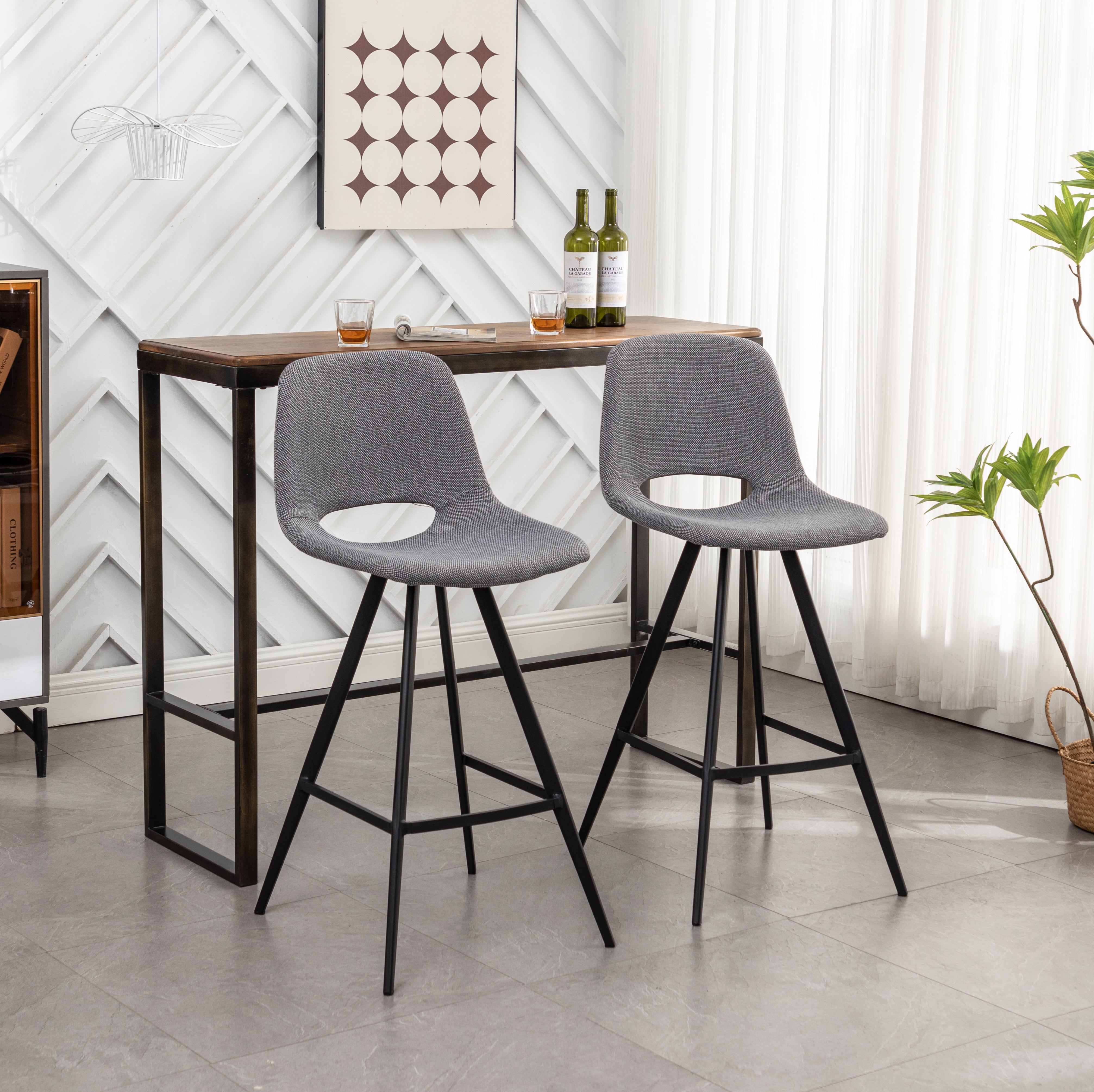 Roundhill Furniture Porth Fabric Kitchen Barstools Set of 2 - 28.25 Inch Height, Gray Upholstered Counter Stools for Kitchen Island, Breakfast Nook & Home Bar Seating