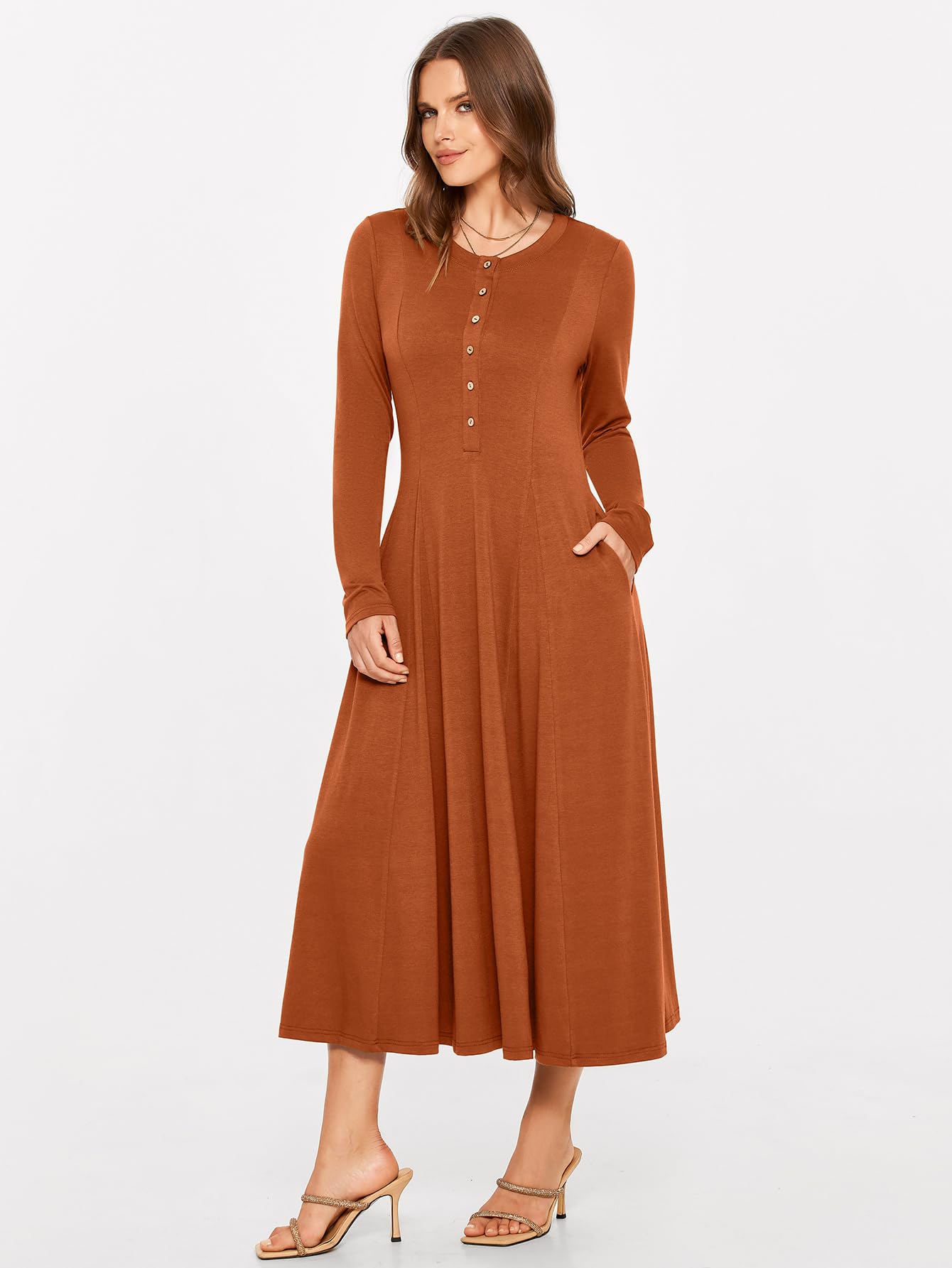 Glamaker Women's Casual Long Sleeve Maxi Dress with Pockets - Button Down A-Line Flowy Dress for Everyday Wear, Office & Spring Outfits